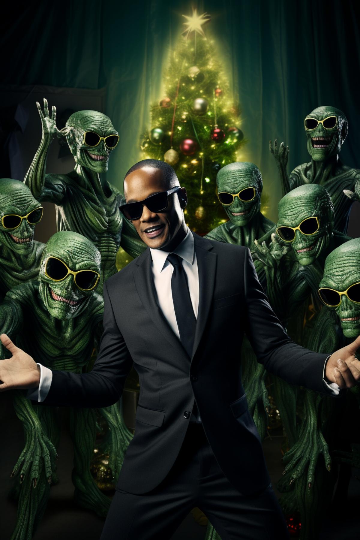 Ten happy extraterrestrial aliens dancing with Will smith as agent j of men in dark movie at Xmas party sunglasses on the background of Xmas tree realistic photo