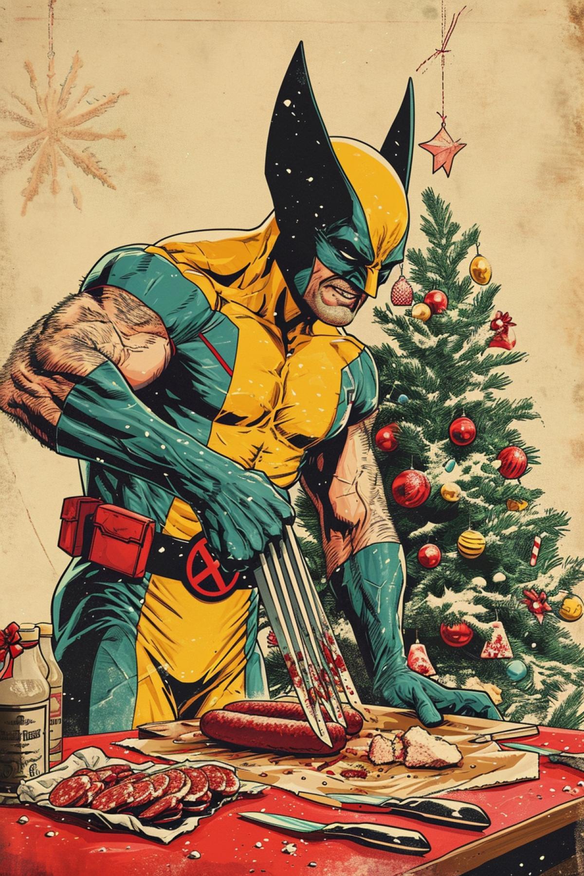 character Wolverine cuts sausage. New Year, Christmas tree