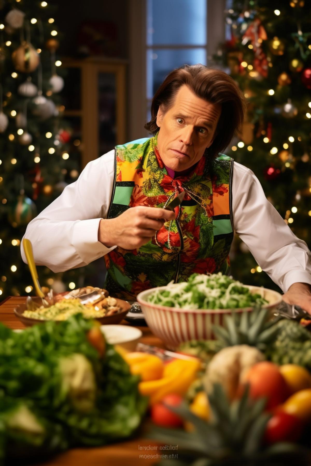Jim Carey as ace Ventura cooking Xmas salad on the background of Xmas tree