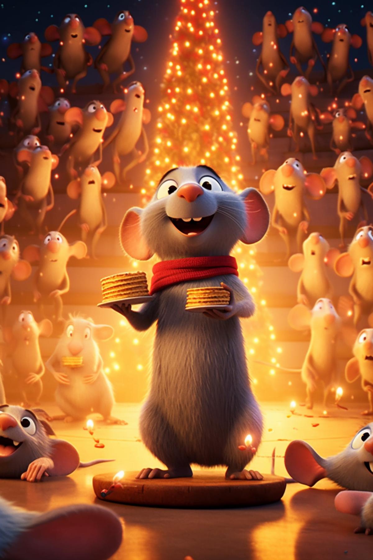 Remi of the Ratatouille animation with hundred rats celebrating Xmas on the background of Xmas tree Pixar Disney illustration