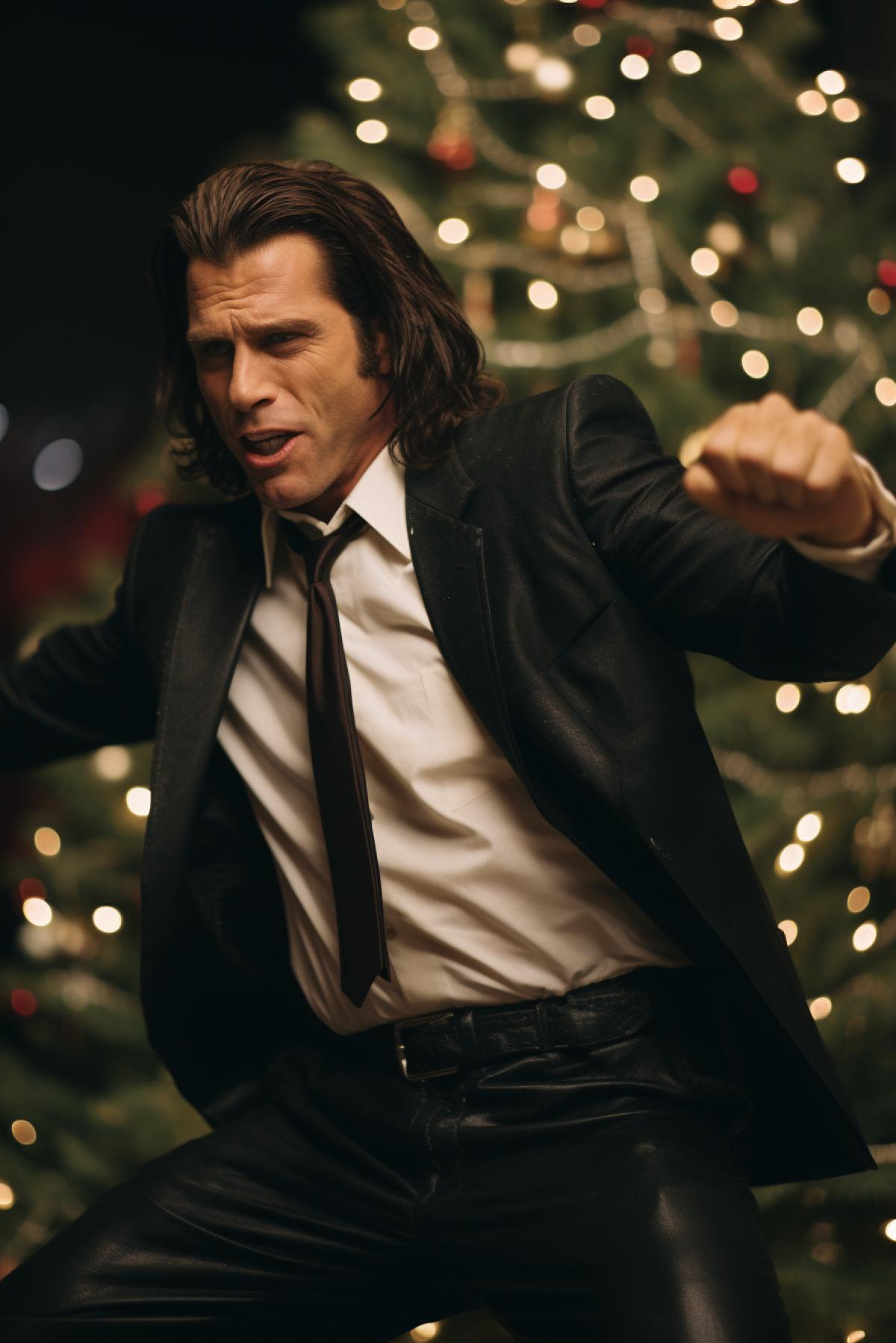 25-year-old John travolta as Vincent Vega in pulp fiction celebrating Xmas at 1950s café dancing twist in the background of Xmas tree realistic photography