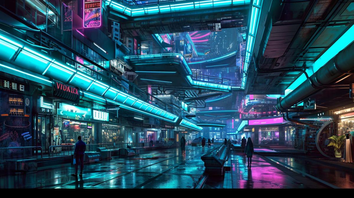 Cyberpunk utopian shopping mall concept, lots of details, blue green neon light, high detail, good quality, futuristic architecture, 4K wallpaper