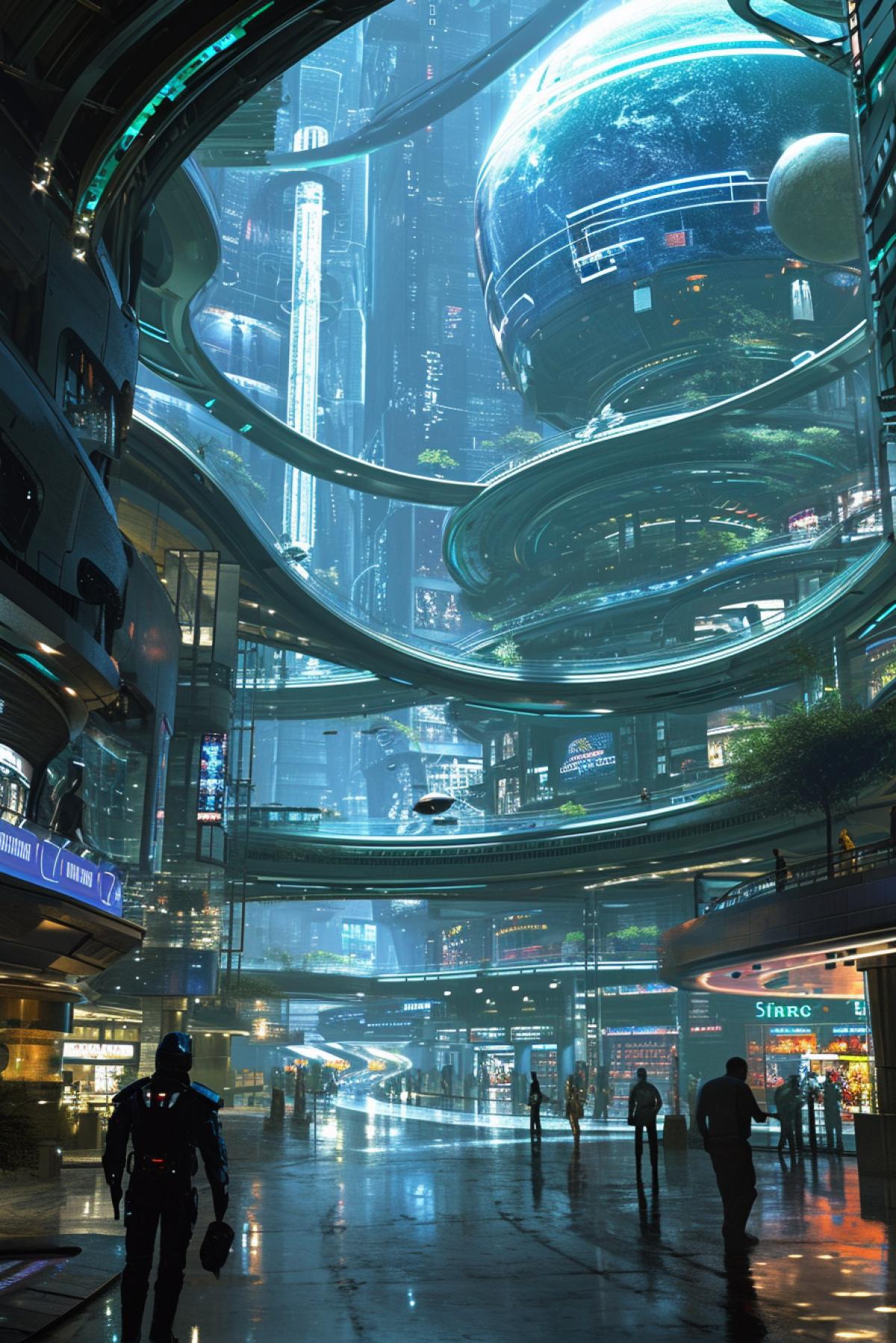 Shopping center of the future, artificial intelligence, mini robots, *2100\"