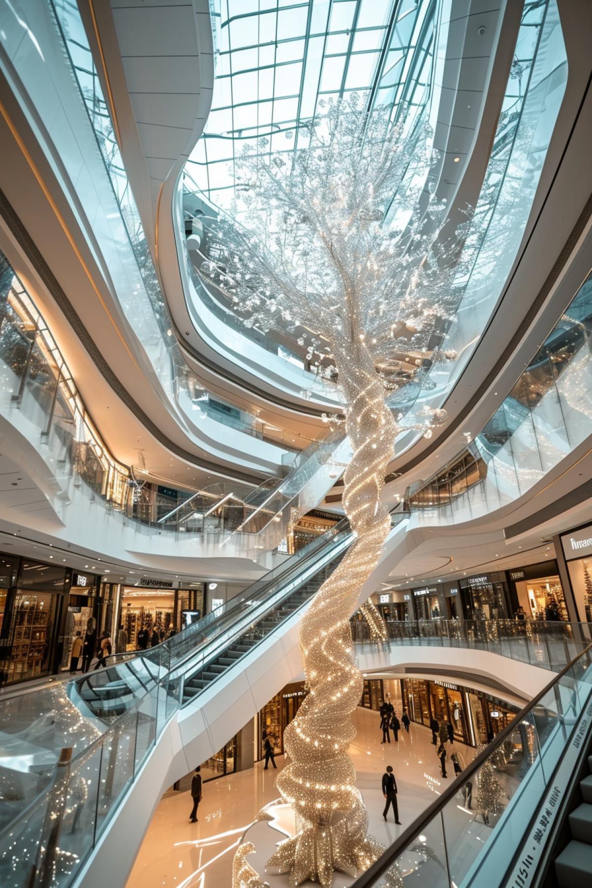 Interior design concept of the most biggest mall in the world, big crystal shining tree