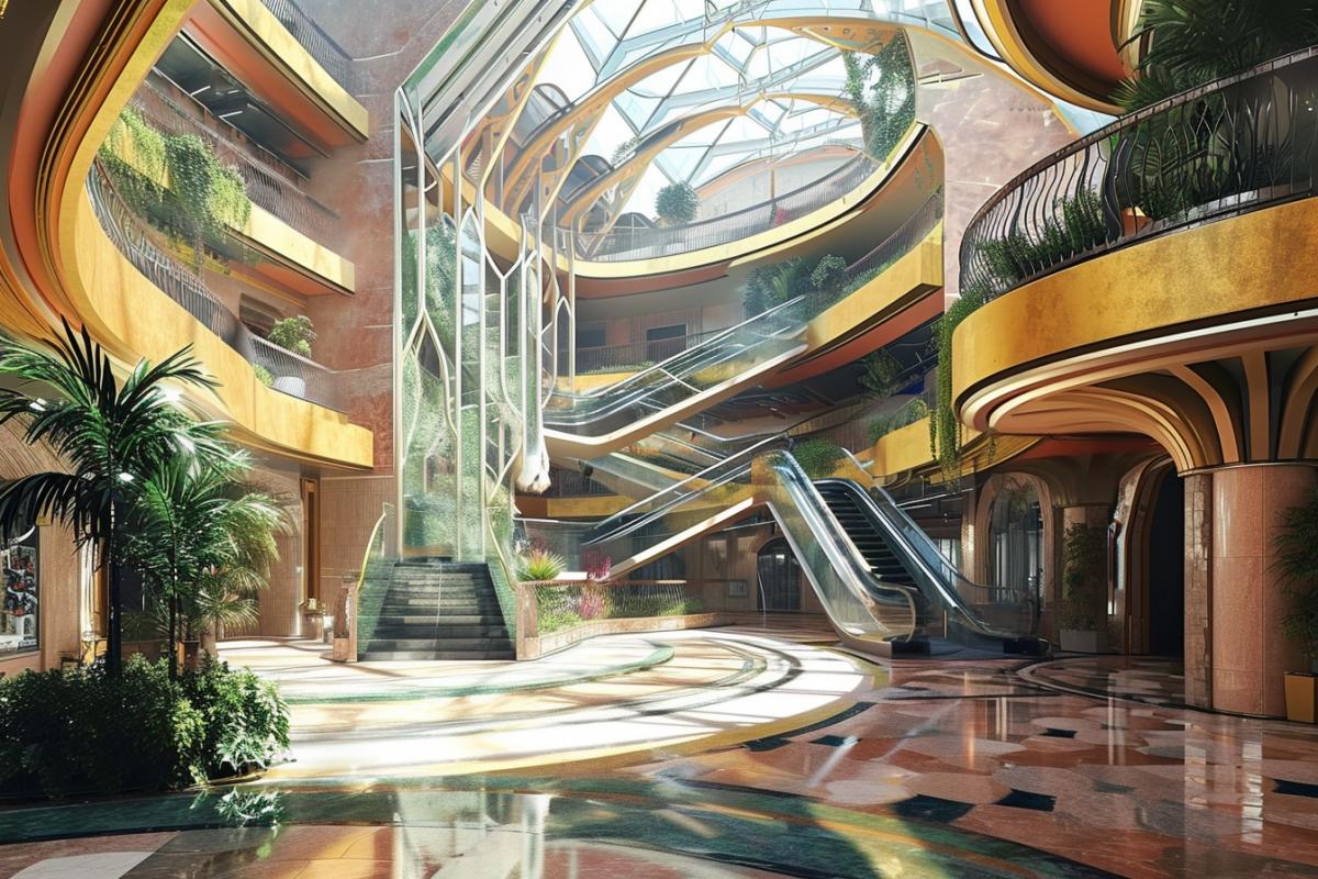 Creative concept of a shopping center, unusual architecture, realistic, in different styles