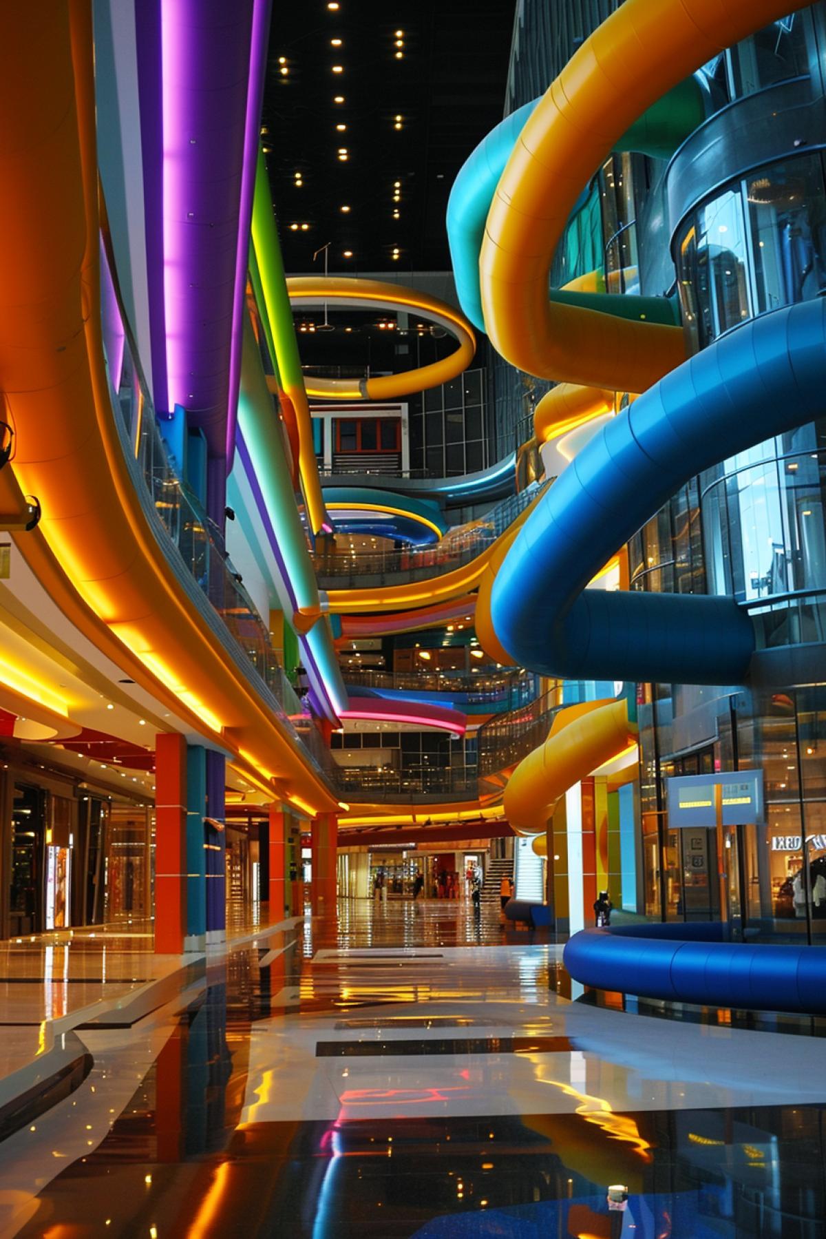 Futuristic Interlacing of colored pipes and water Interior design concept of the most biggest mall in the world
