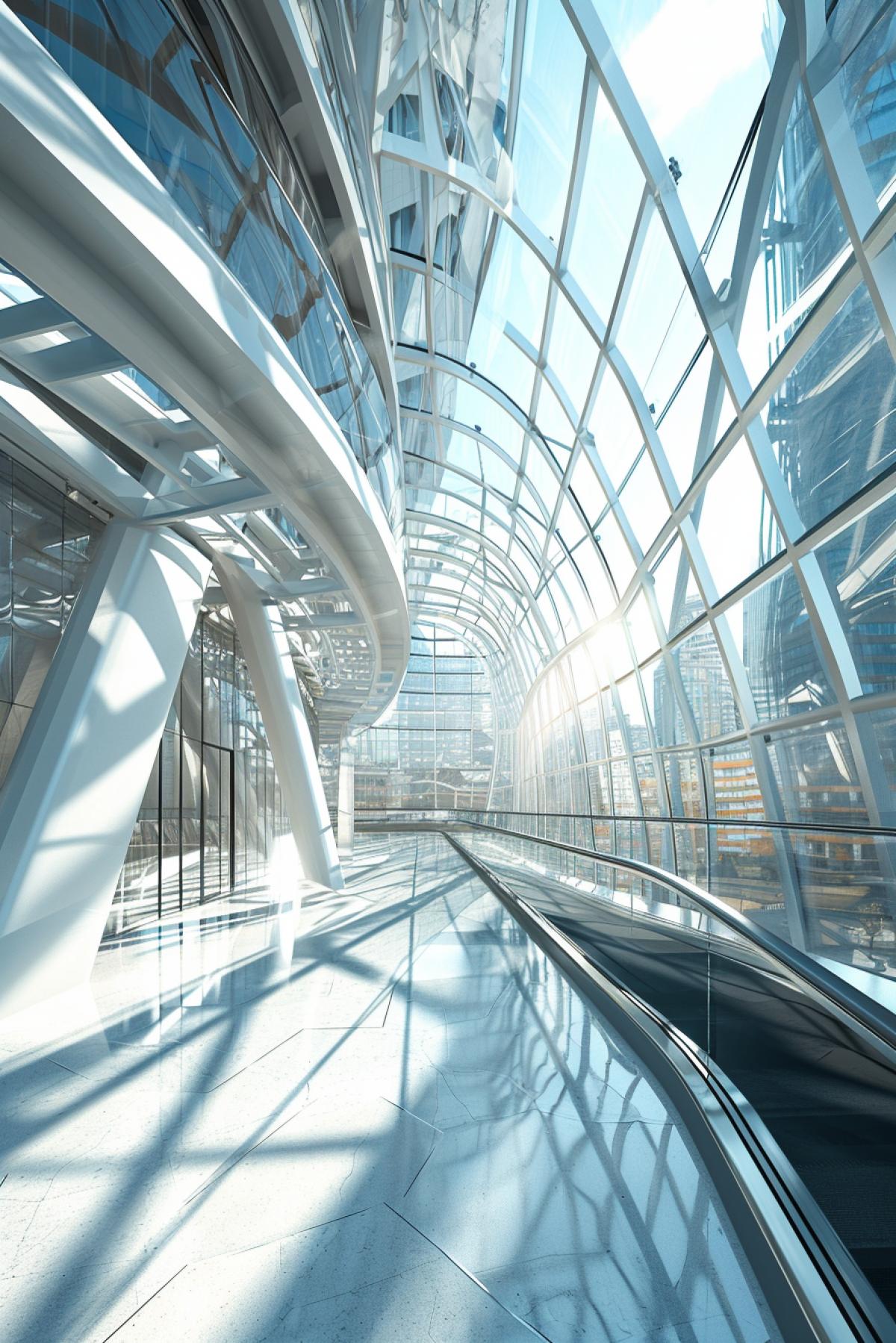 Interior concept of a transparent shopping mall at a high altitude above the city, transparent floor and walls