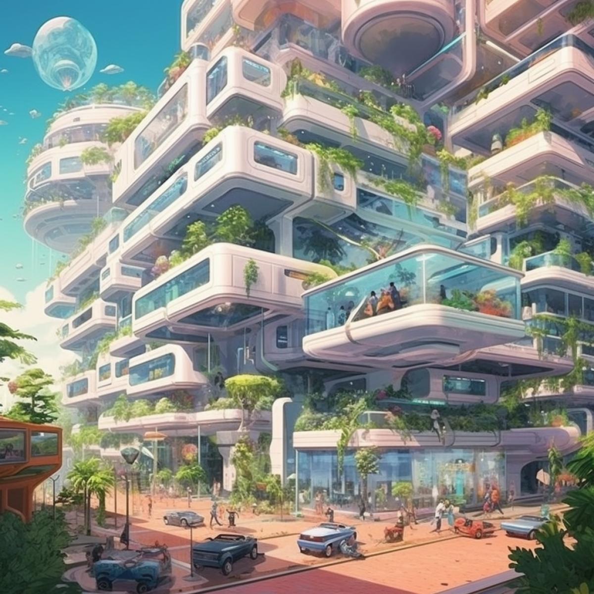 futuristic multi-storey multi-block shopping center, all storefronts are open to the street, customers fly up to the storefronts on individual flying platforms, examine and choose goods, futurism, a lot of glass, a lot of greenery