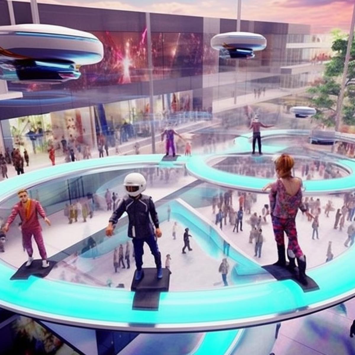 The distant future, people move on flying boards like skateboards, you can fly into any boutique of a shopping center through wide-open windows on the entire wall, the shopping center from the outside looks like a honeycomb, only side walls, the outer wall is completely absent, there is a lot of greenery on the streets
