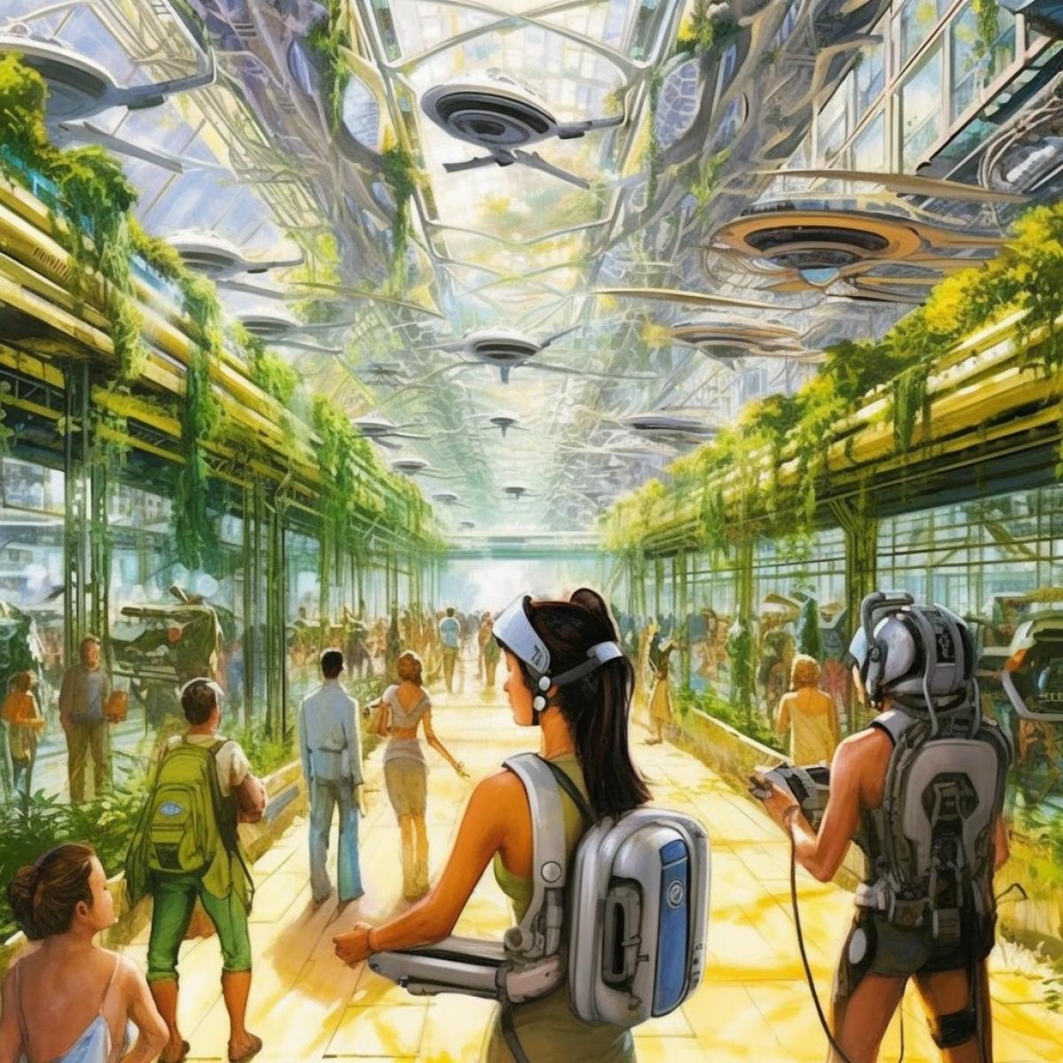 The distant future, people move on flying boards like skateboards, you can fly into any boutique of a shopping center through wide-open windows on the entire wall, the shopping center from the outside looks like a honeycomb, only side walls, the outer wall is completely absent, there is a lot of greenery on the streets