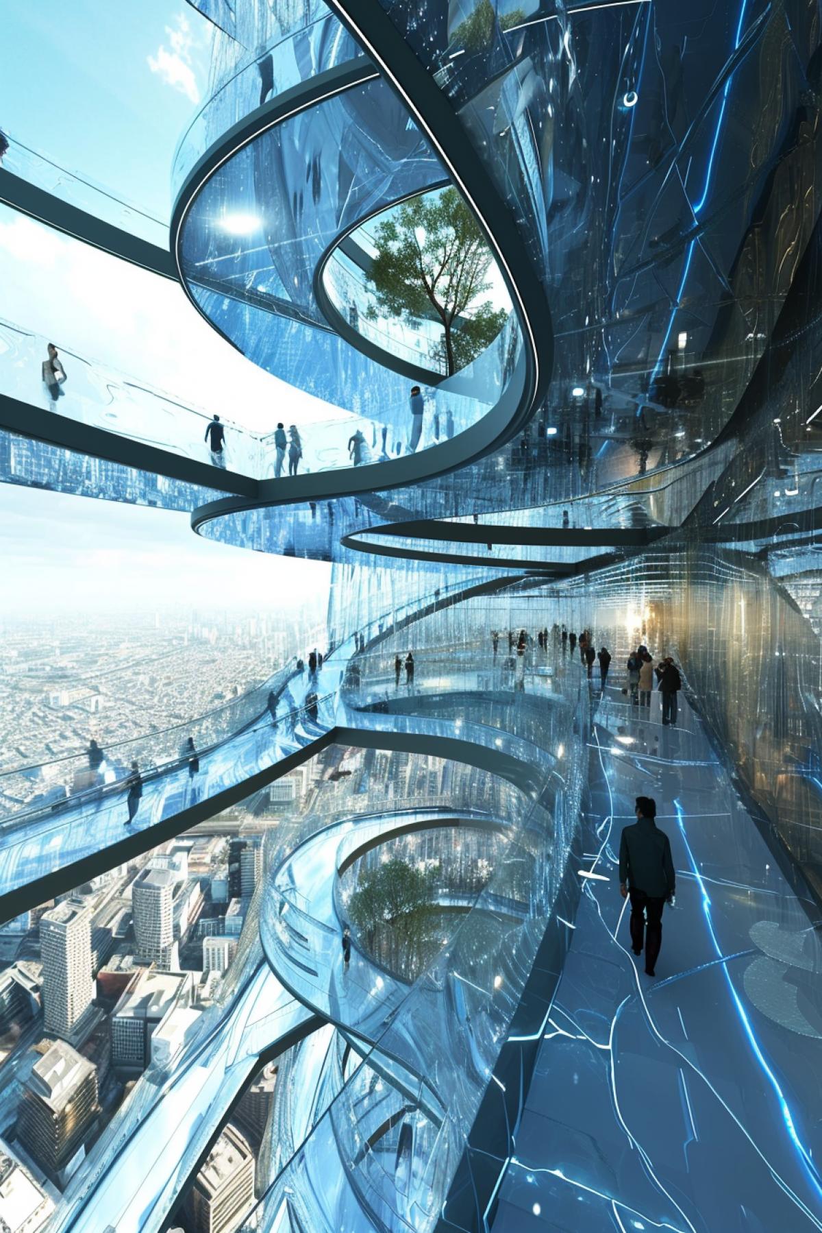 Imagine an architectural concept of a transparent shopping mall situated at a lofty altitude above an urban cityscape. The mall comes with clear, crystal-like floors and walls giving a surreal sense of height and spaciousness. Shoppers move around, immersing themselves in the stunning city views through the transparent structures. Urban structures, roads, and green patches form a miniature landscape beneath the unique aerial mall. The blend of ultra-modern architecture and surrealism creates an ethereal experience as day transitions into night, illuminating the city lights beneath and creating fascinating reflections and refractions on the transparent surfaces.