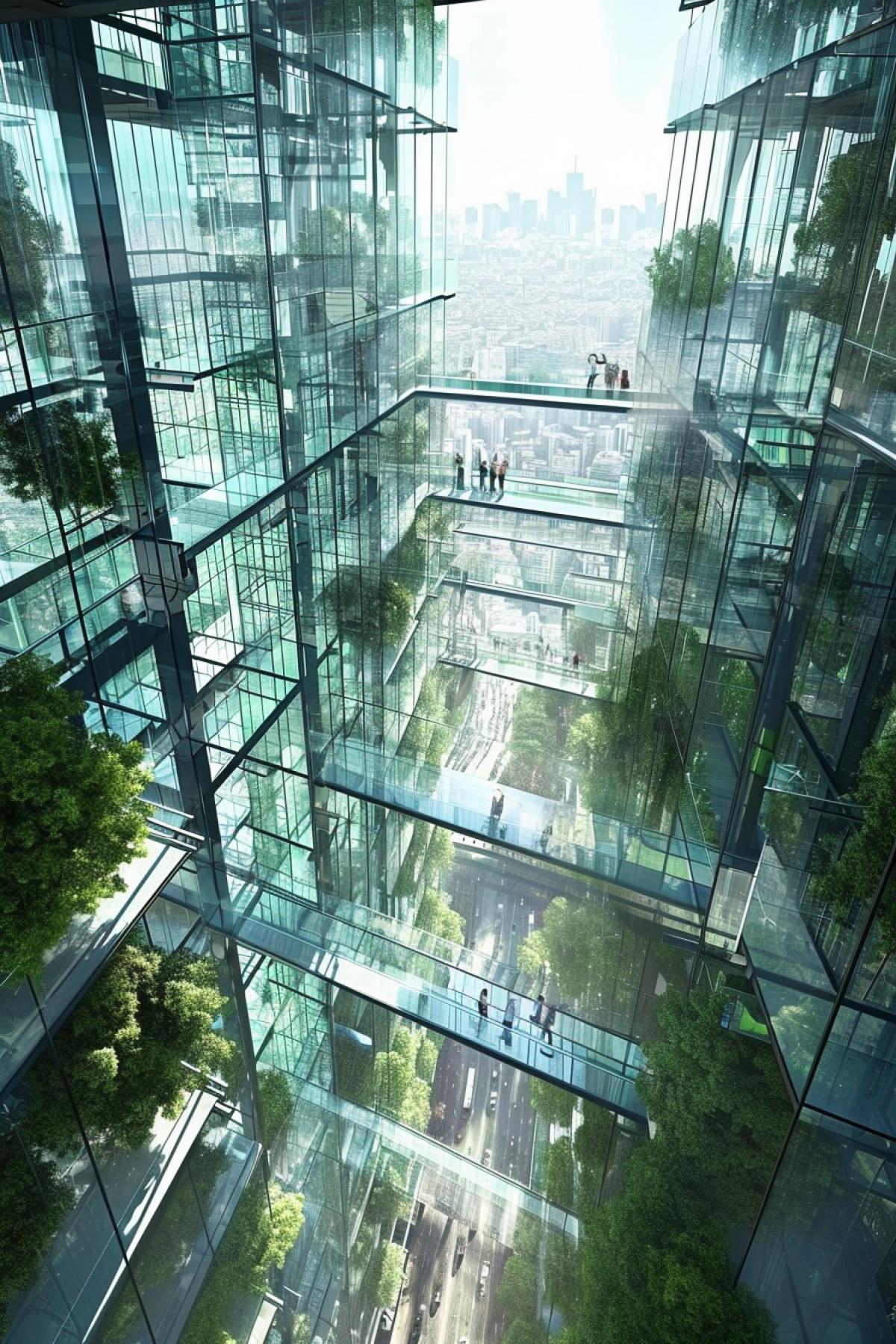 Imagine an architectural concept of a transparent shopping mall situated at a lofty altitude above an urban cityscape. The mall comes with clear, crystal-like floors and walls giving a surreal sense of height and spaciousness. Shoppers move around, immersing themselves in the stunning city views through the transparent structures. Urban structures, roads, and green patches form a miniature landscape beneath the unique aerial mall. The blend of ultra-modern architecture and surrealism creates an ethereal experience as day transitions into night, illuminating the city lights beneath and creating fascinating reflections and refractions on the transparent surfaces.