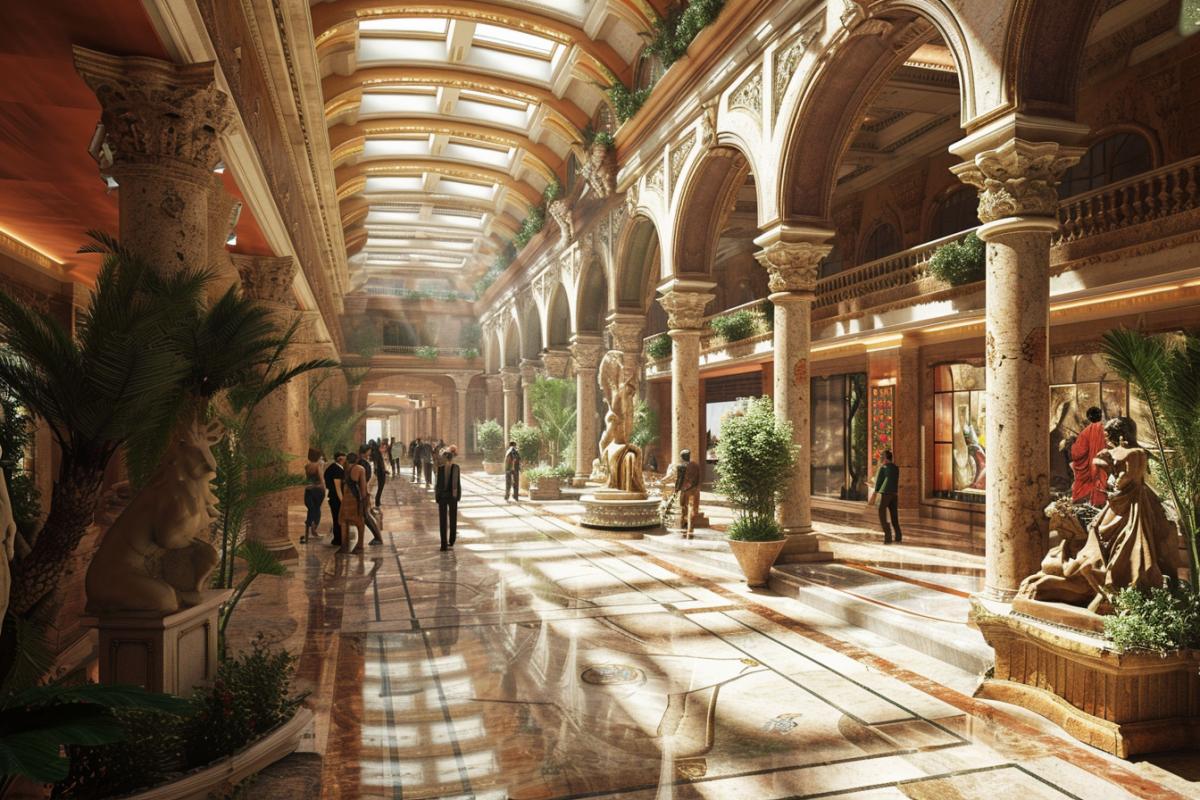 Concept of a shopping center in the style of ancient architecture, view from the inside, with figures of people, realistic