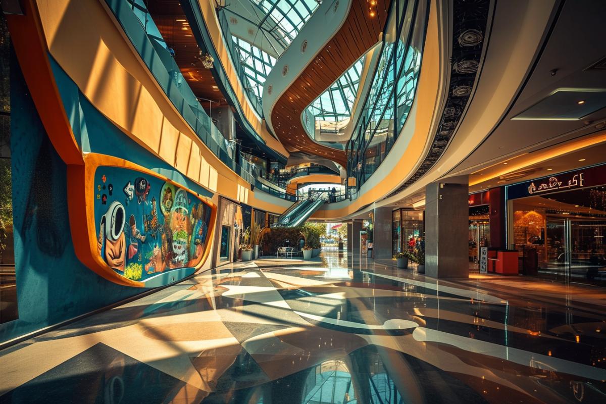 Unusual architectural concept of a shopping center in pop art style, paintings on the walls, human figures, realistic photo, futuristic interior shapes