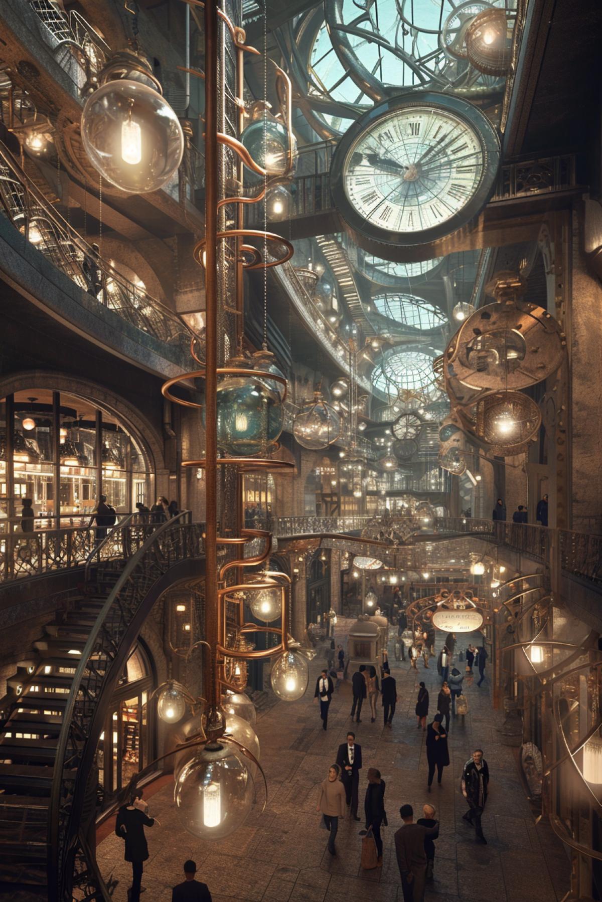 Interior architecture concept showcasing a grand shopping mall, inspired by the design aesthetics of steampunk and elements of vintage trains. The mall is a maze of interlocking gears and copper tubes, with shops housed in converted old-fashioned rail car cabins. Pedestrian skywalks are reminiscent of railway tracks, suspended in the air, connecting different levels. The ceiling mimics the innards of a clock with intricate metallic workings and soft light bulbs dangling from wrought-iron chains, luxury the setting in an amber glow. Patrons of different genders and descents are shopping, chatting, and enjoying the unique ambiance.
