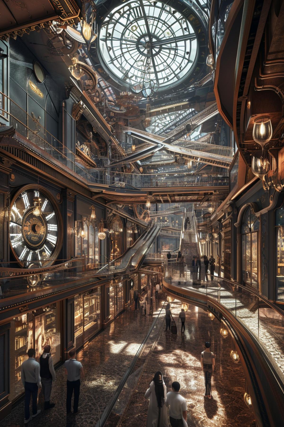 Interior architecture concept showcasing a grand shopping mall, inspired by the design aesthetics of steampunk and elements of vintage trains. The mall is a maze of interlocking gears and copper tubes, with shops housed in converted old-fashioned rail car cabins. Pedestrian skywalks are reminiscent of railway tracks, suspended in the air, connecting different levels. The ceiling mimics the innards of a clock with intricate metallic workings and soft light bulbs dangling from wrought-iron chains, luxury the setting in an amber glow. Patrons of different genders and descents are shopping, chatting, and enjoying the unique ambiance.
