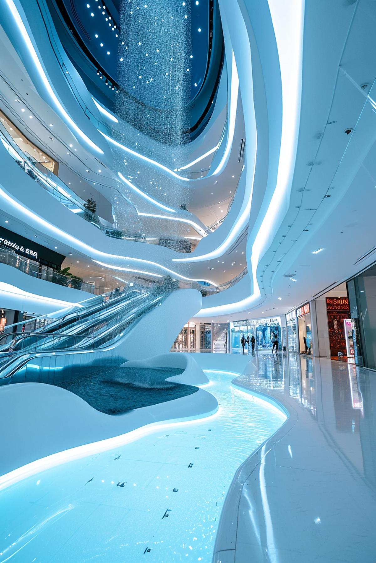 Interior design of a shopping center in a futuristic style, a shining waterfall in the center, white and light blue interior, crystal blue dome, neon lighting of the floor corners