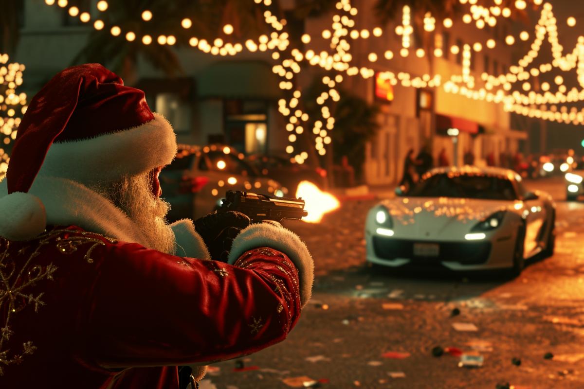 Santa fires a gun at the Grinch, with a GTA-style Ferrari in the background.