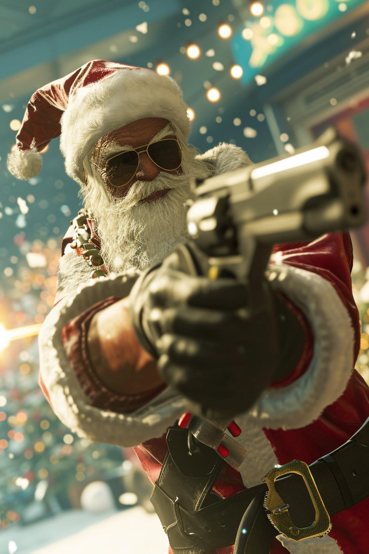 Santa fires a gun at the Grinch, with a GTA-style