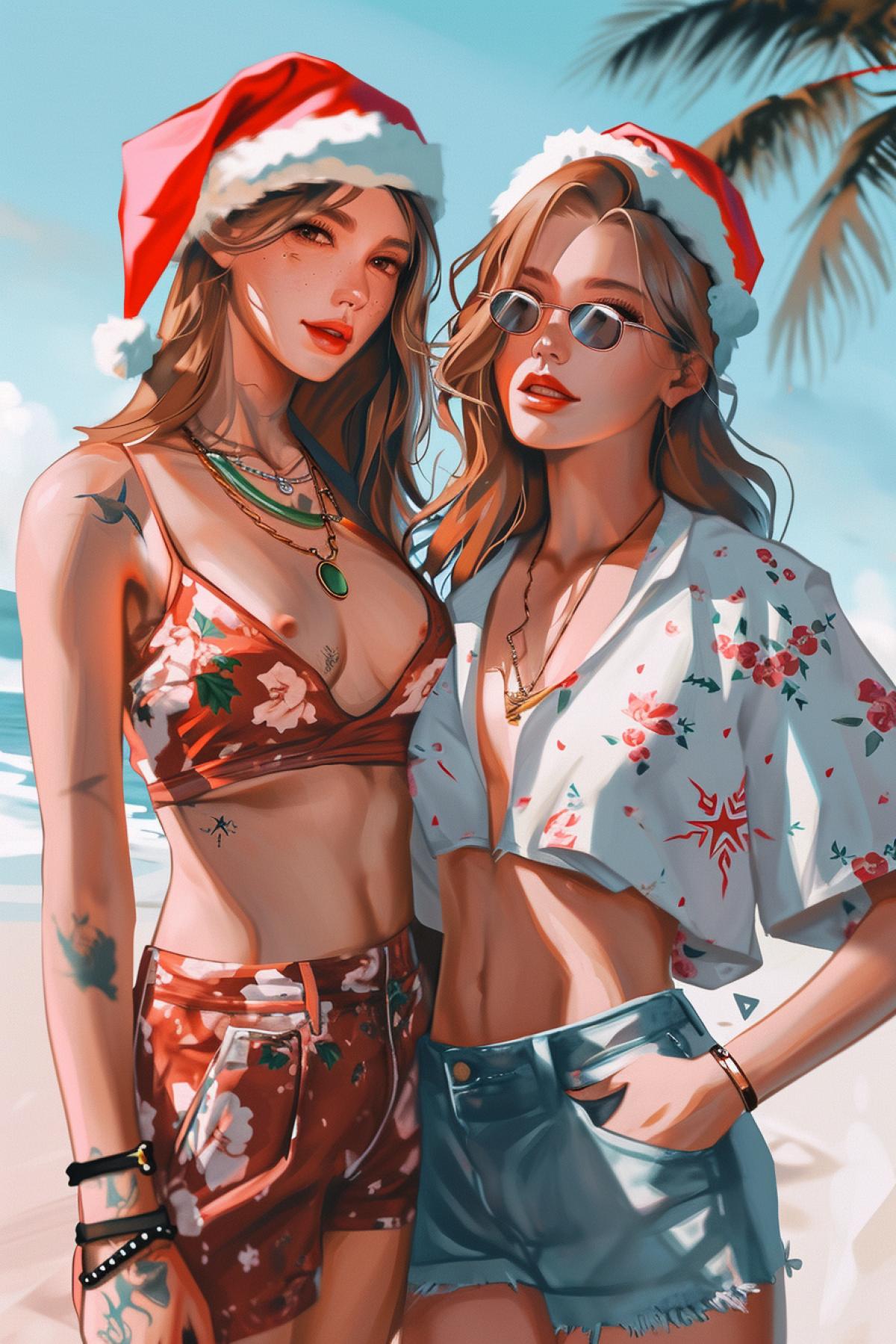 in GTA style, two beautiful girls on the beach in Santa hats and attractive clothes ✌️