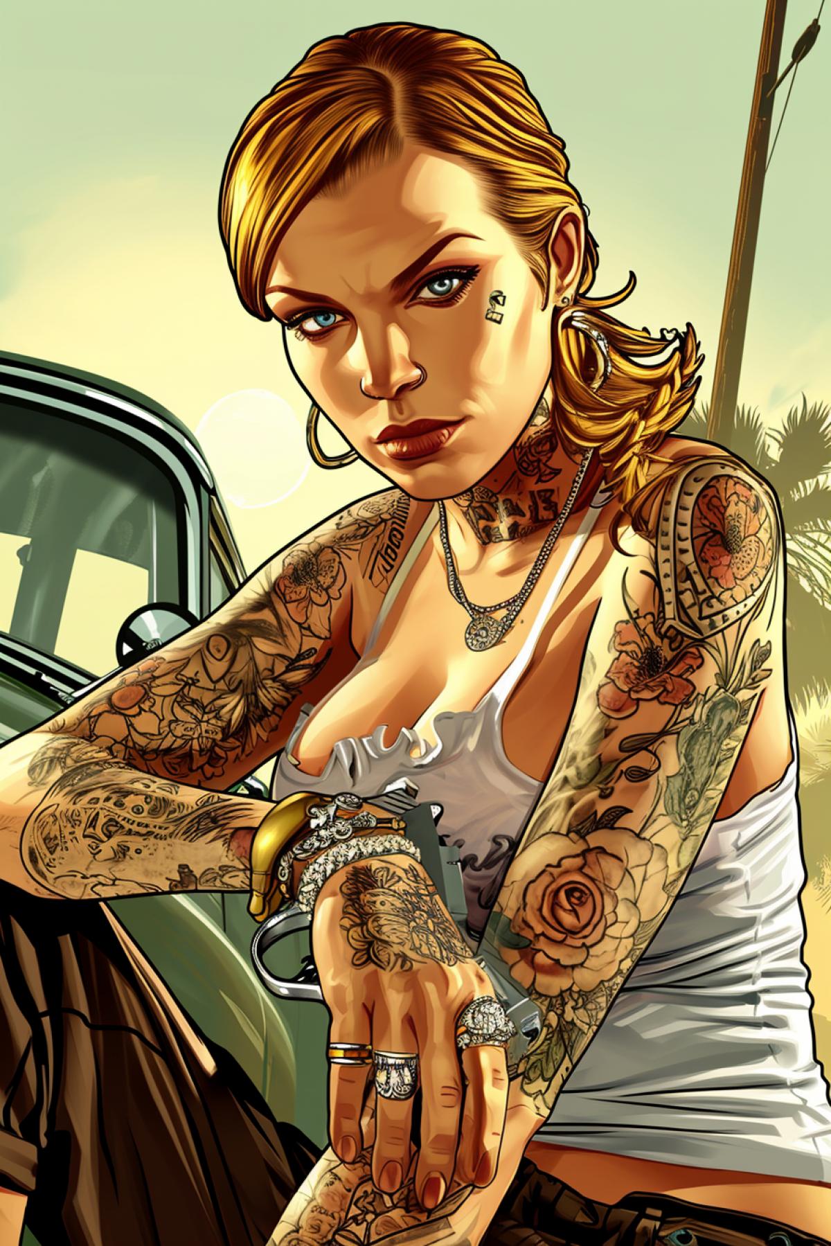 Wallpaper GTA Vice City, hip-hop style, blonde in a shorts and with a gun