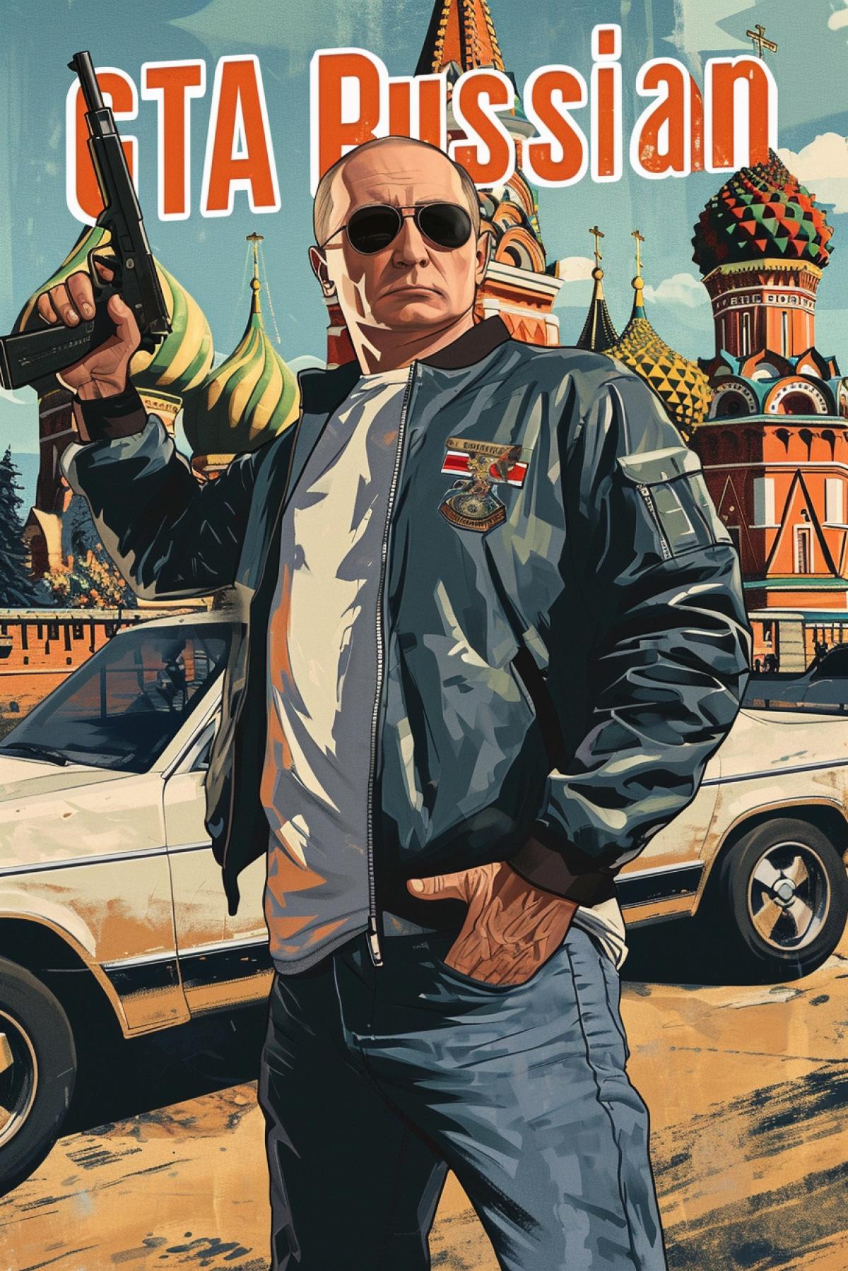 Wallpaper GTA San Andreas, Putin in GTA San Andreas style against the backdrop of the Kremlin, the inscription in large letters \"GTA Russian Edition\", sunglasses, a gun in his hand