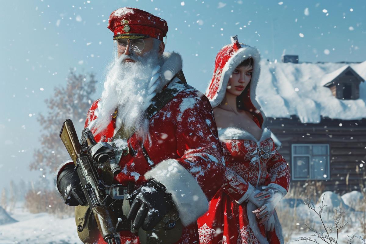Russian Father Frost and Snow Maiden in the style of the GTA game
