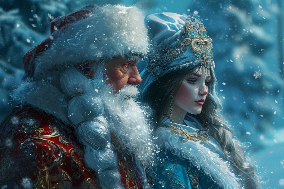 Russian Father Frost and Snow Maiden in the style of the GTA game