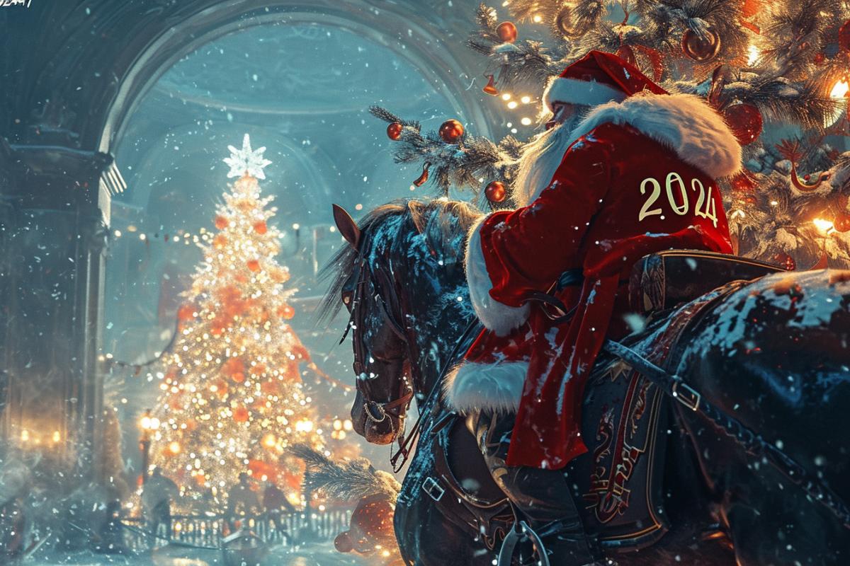 Russian Santa Claus riding a horse, Christmas tree, baroque, in the style of the GTA game, the inscription \"2024\"
