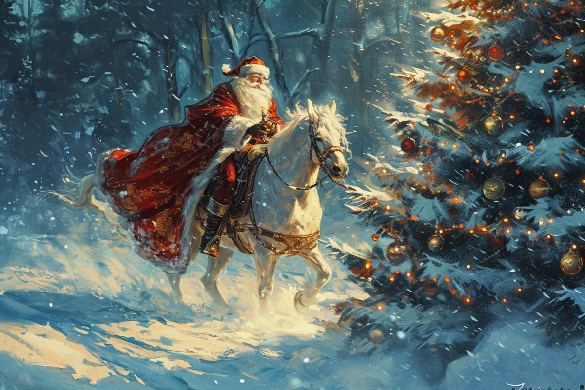 Russian Santa Claus riding a horse, Christmas tree, baroque, in the style of the GTA game, the inscription \"2024\"