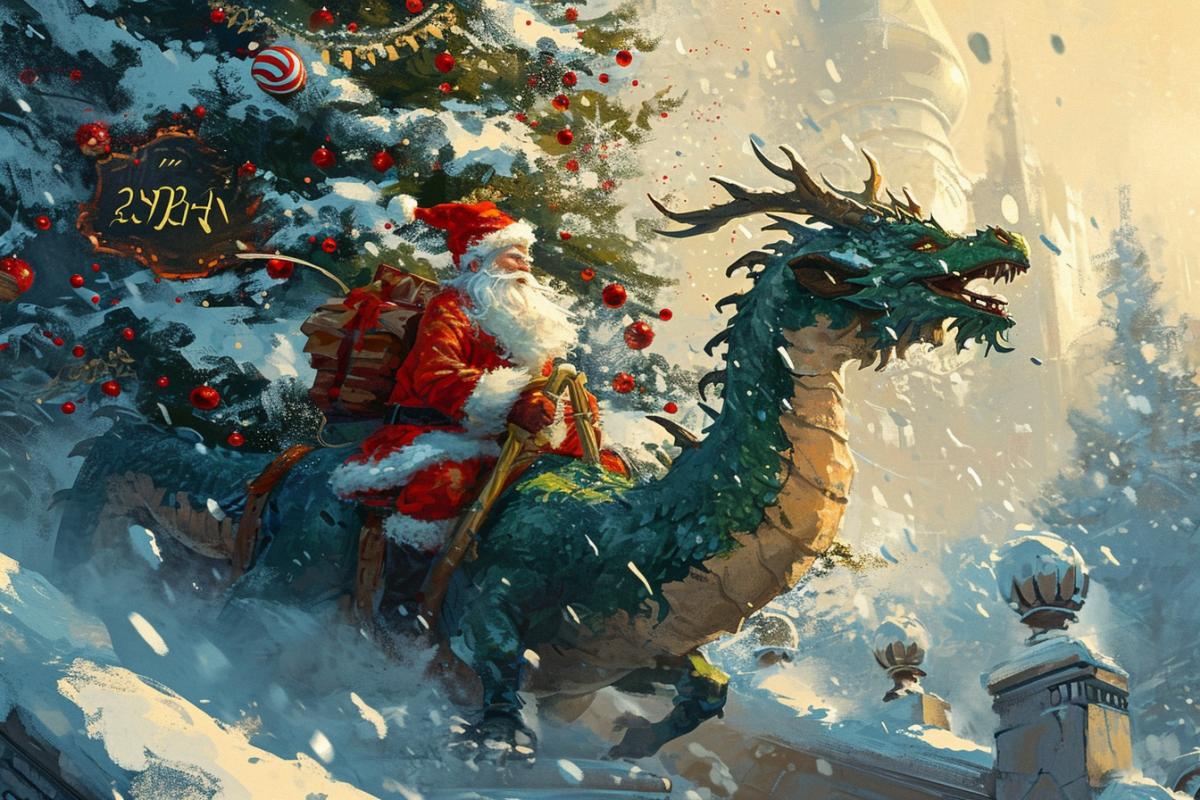 Russian Santa Claus riding on a green dragon, Christmas tree, baroque, in the style of the GTA game, the inscription \"2024\"