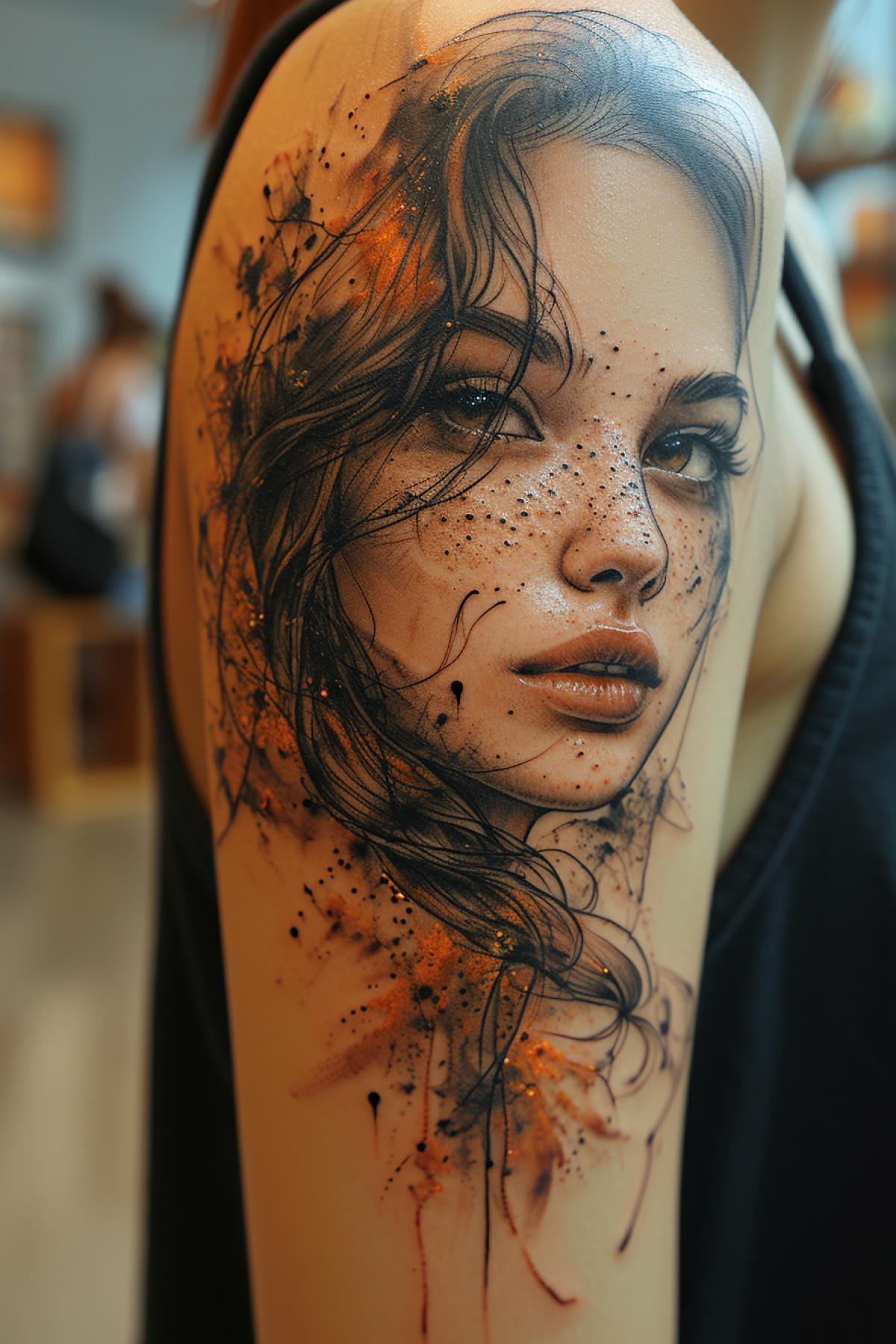 tattoo sketch, on a girl’s thigh, zentangle, laser, dark and fiery granite, gold splashes, 32k, illustration, in the fire, mystical light, fantasy style, ultra illustration, ultra detail, aesthetics, high detail of the face and eyes, filigree, hyper detail