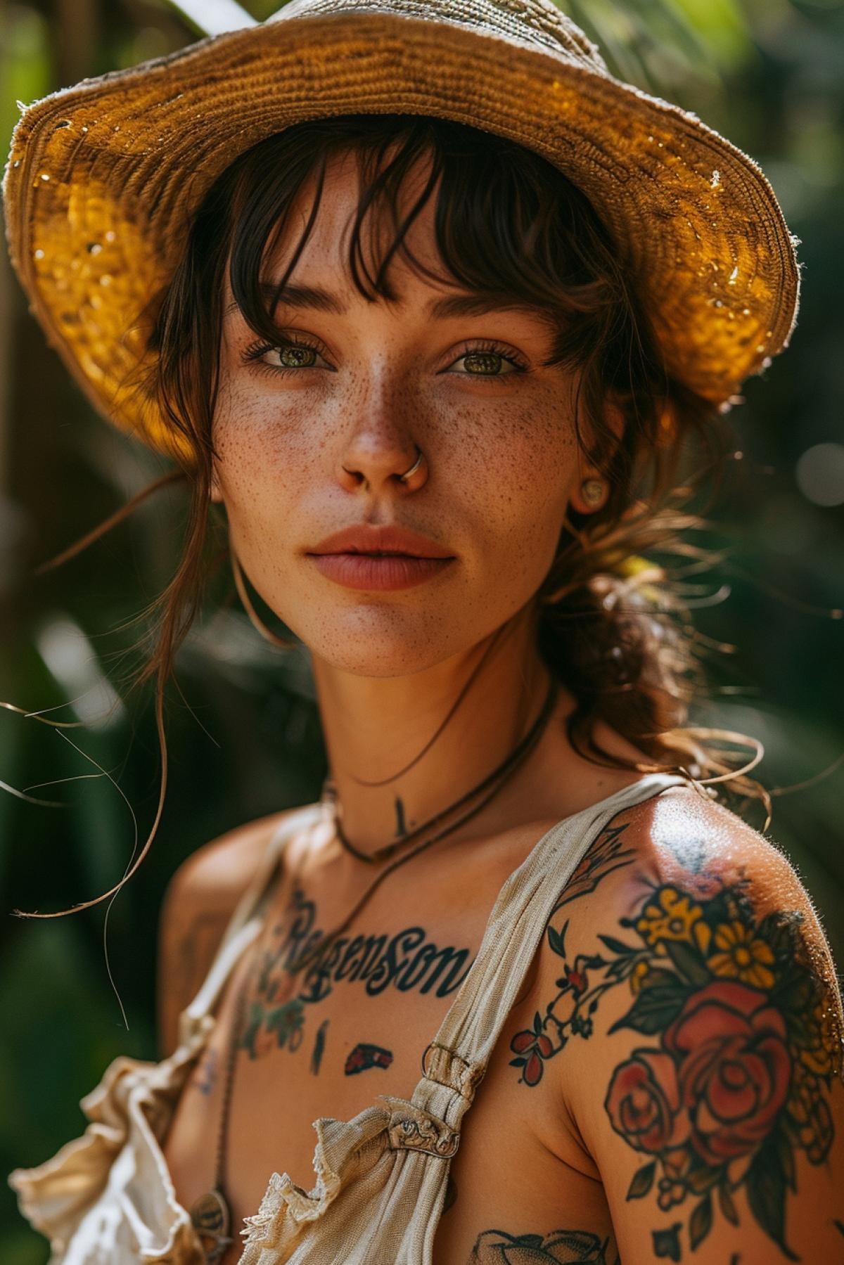 Beautiful girl in full height. Tattoo on the body with the inscription \"Regenson\"