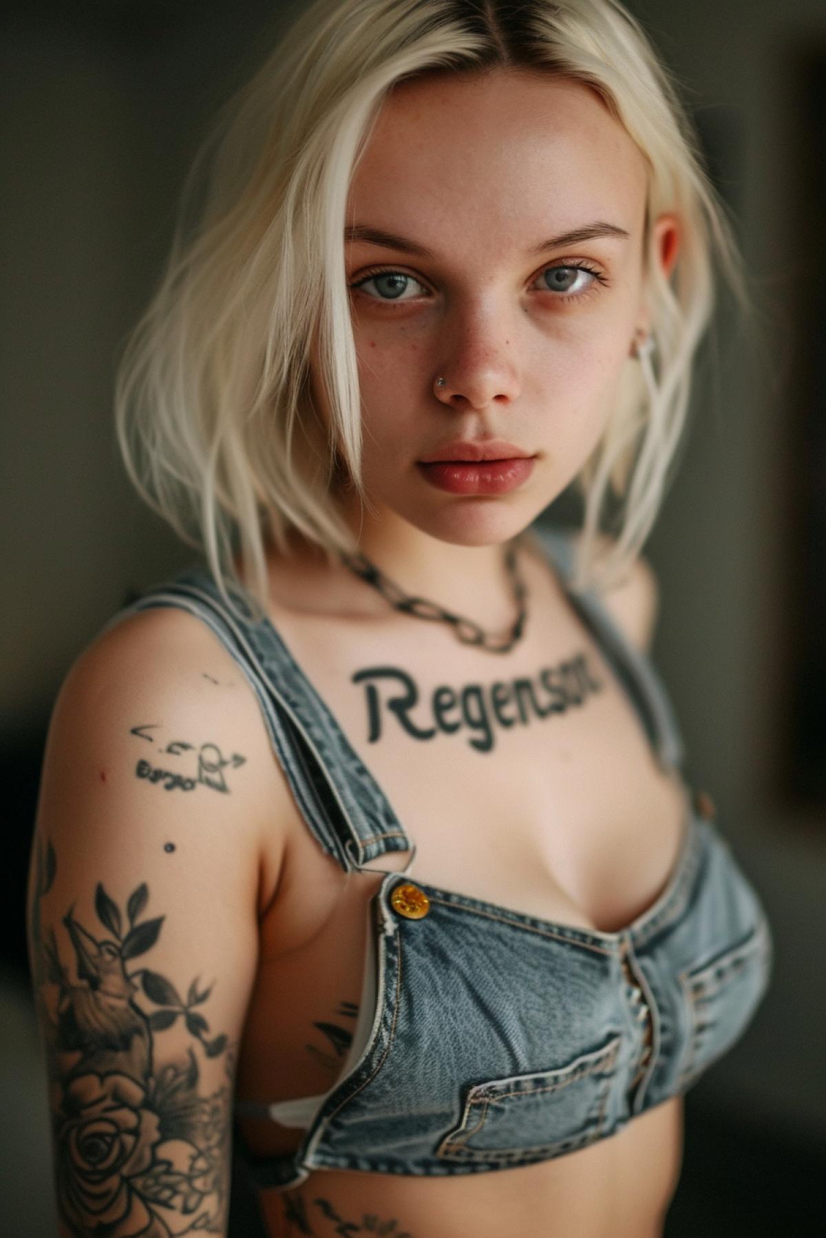 Beautiful blonde girl. Tattoo on the body with the inscription \"Regenson\" in capital letters