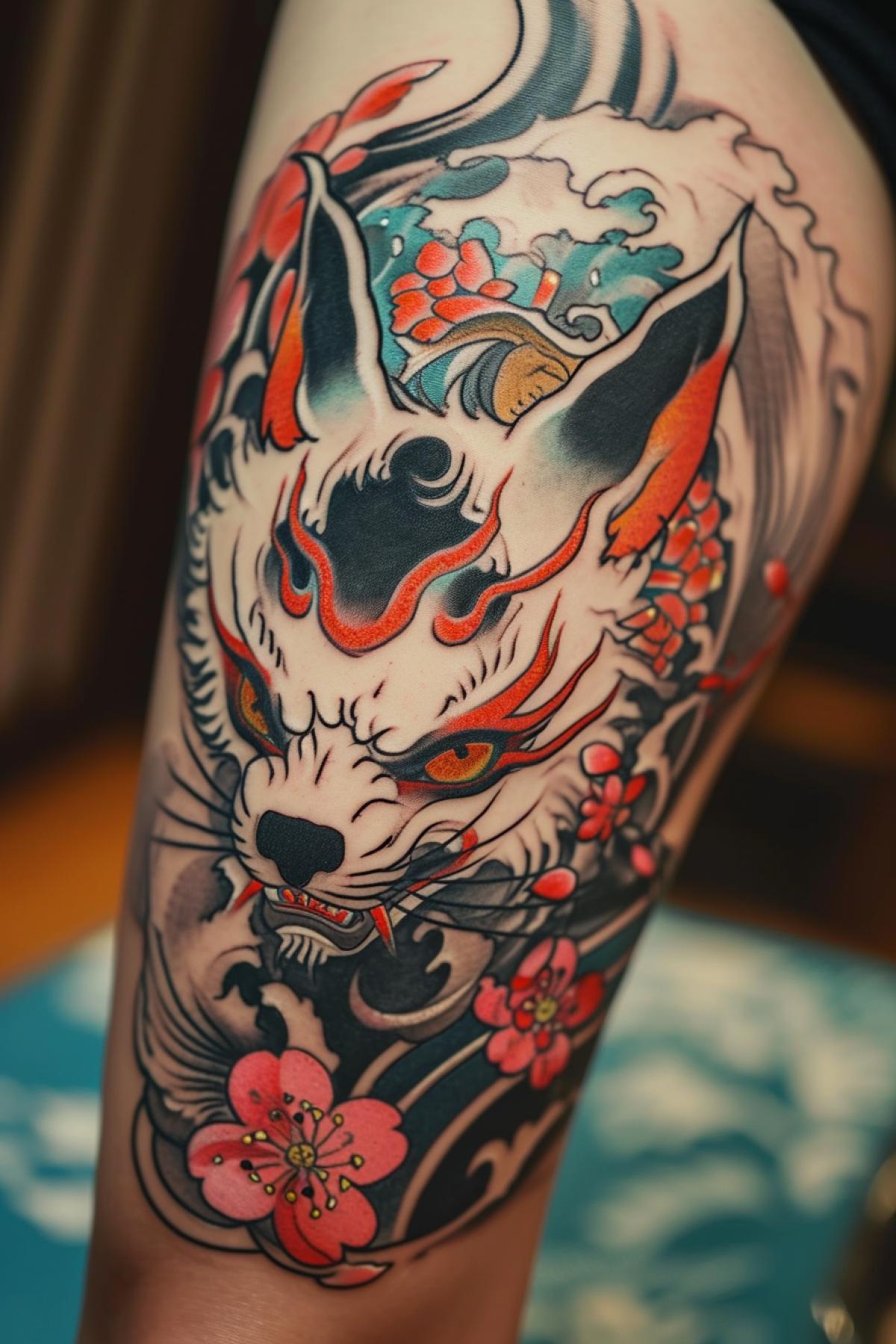 Japanese tattoo with Kitsune mask in color