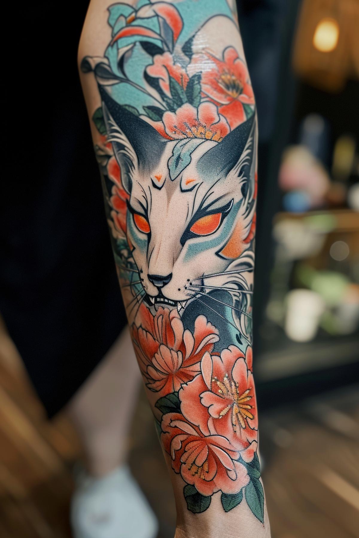Japanese tattoo with Kitsune mask in color