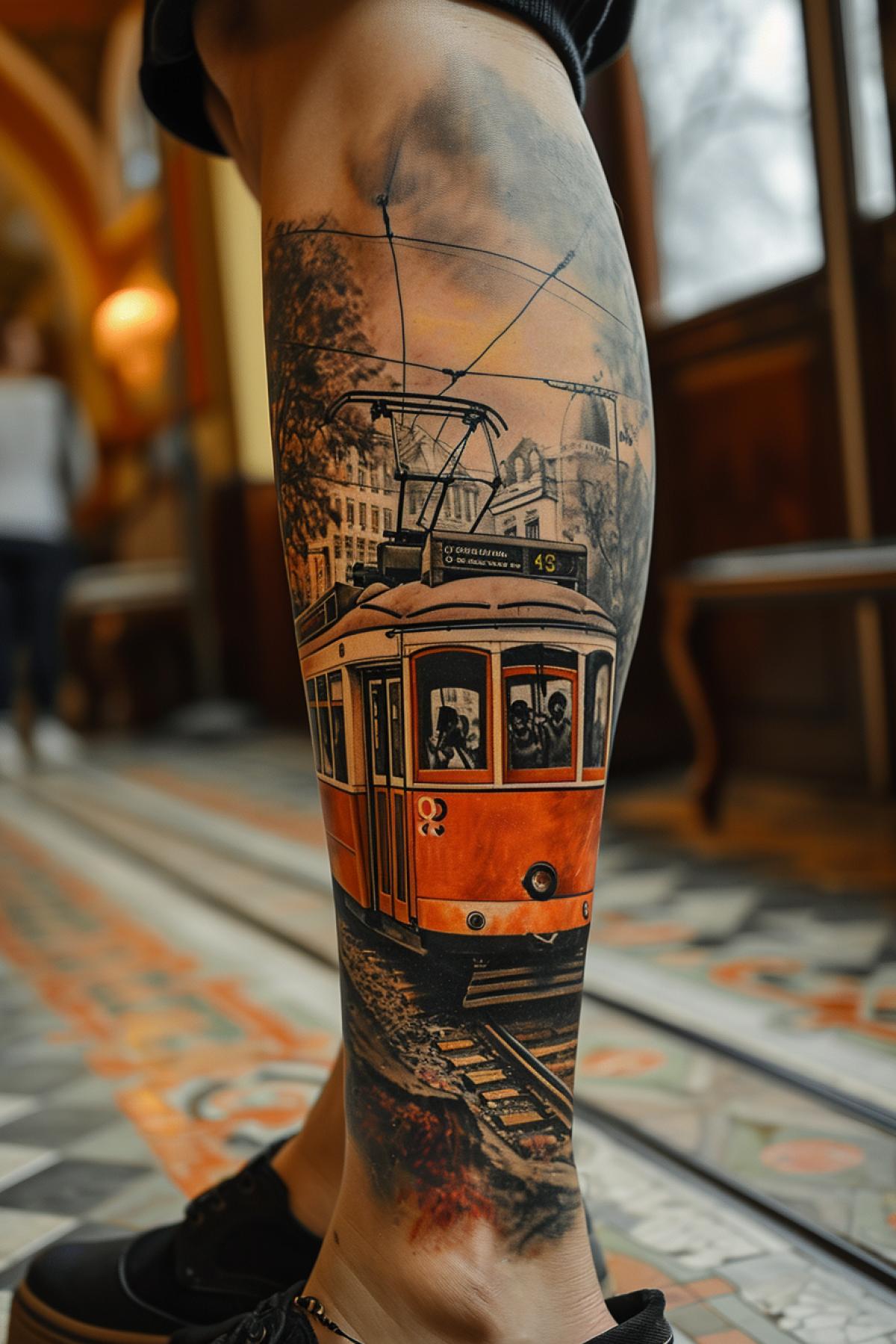 Tram tattoo on leg