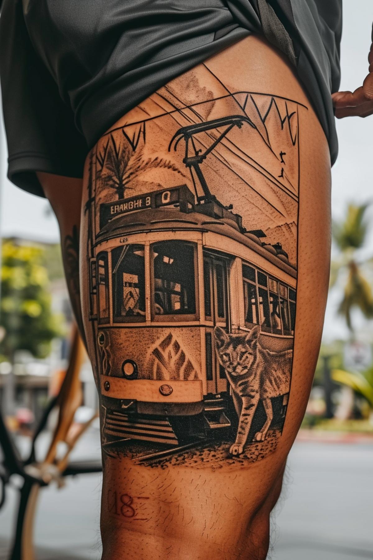 Russian tram tattoo on thigh