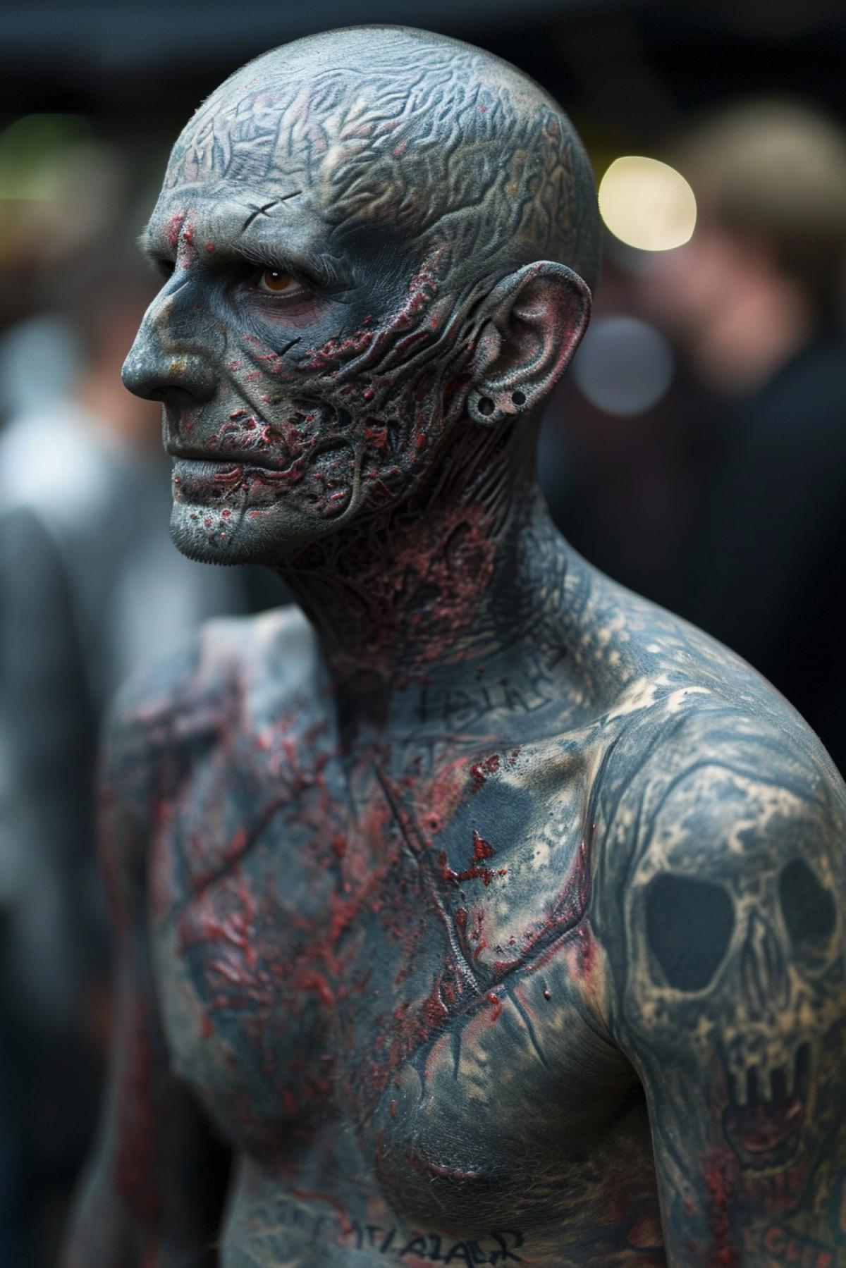 A man with a full body tattoo that makes him look like a zombie. The tattoo is dark, gray, and red. It is very detailed and looks very realistic.
