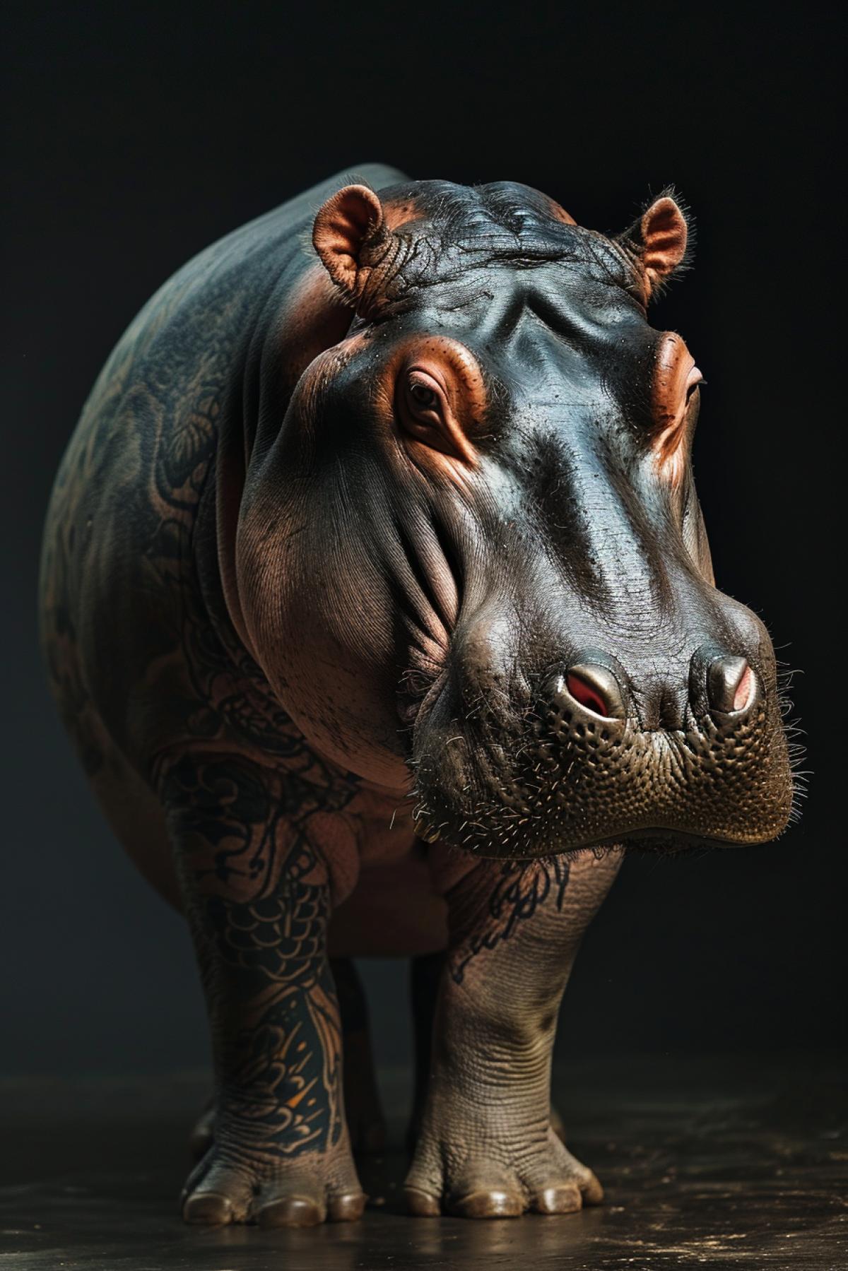 Tough tattooed hippopotamus full height