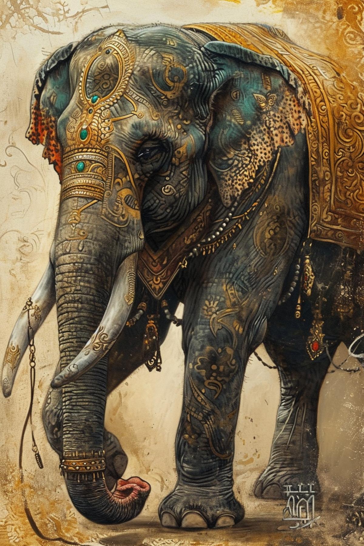 Tough tattooed Indian elephant picture from Mahabharata