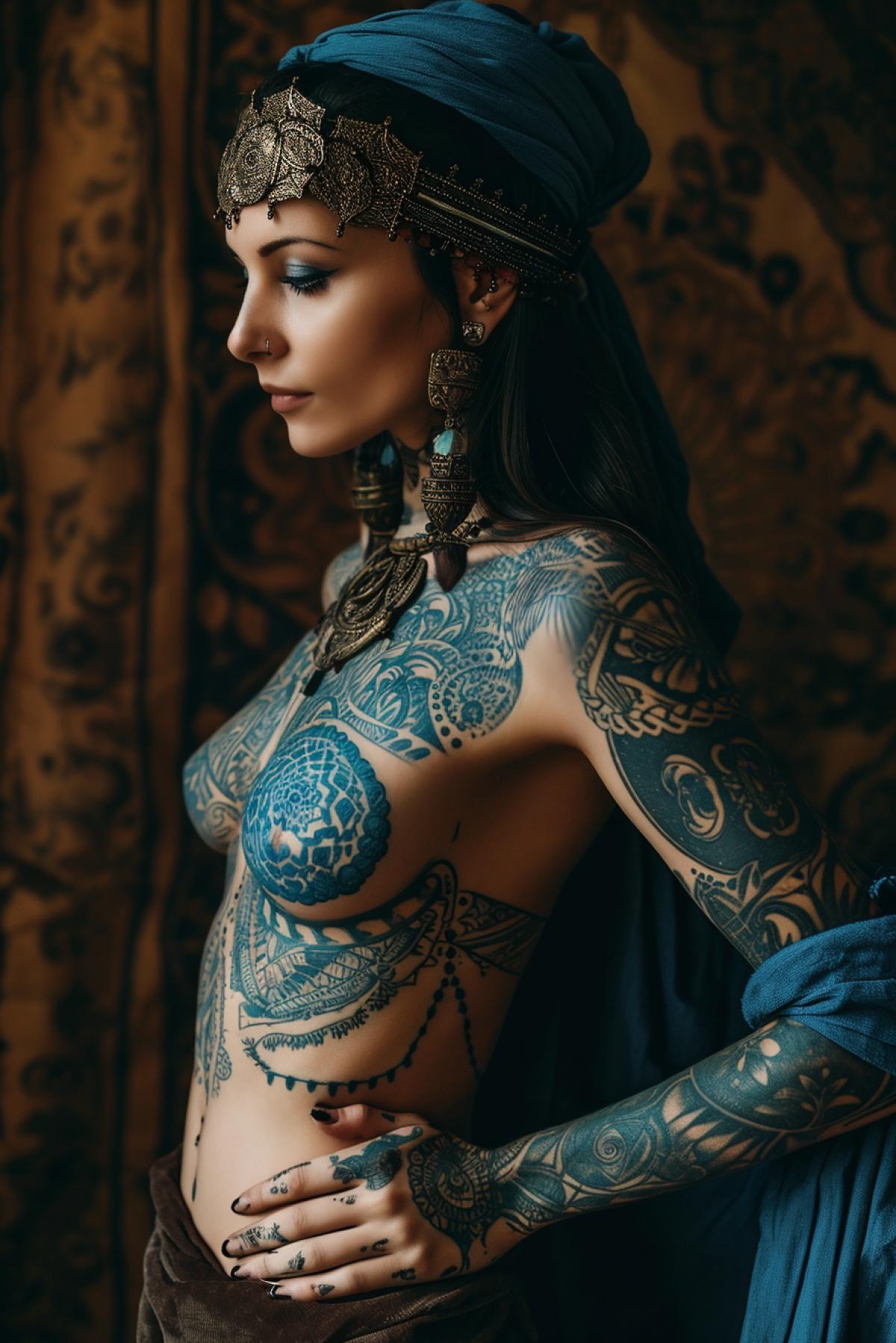 Young beautiful woman with tattoo on luxury and belly style of bodyart blue colour lines