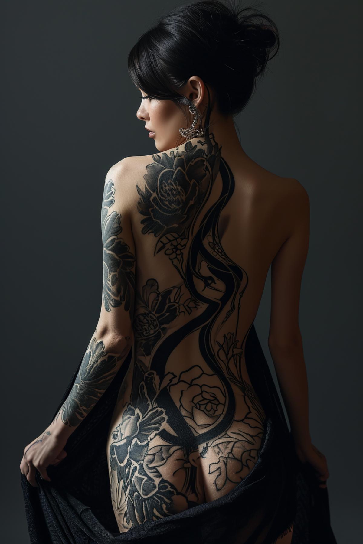 Young beautiful woman with tattoo on bottom and back style of bodyart grey colour lines