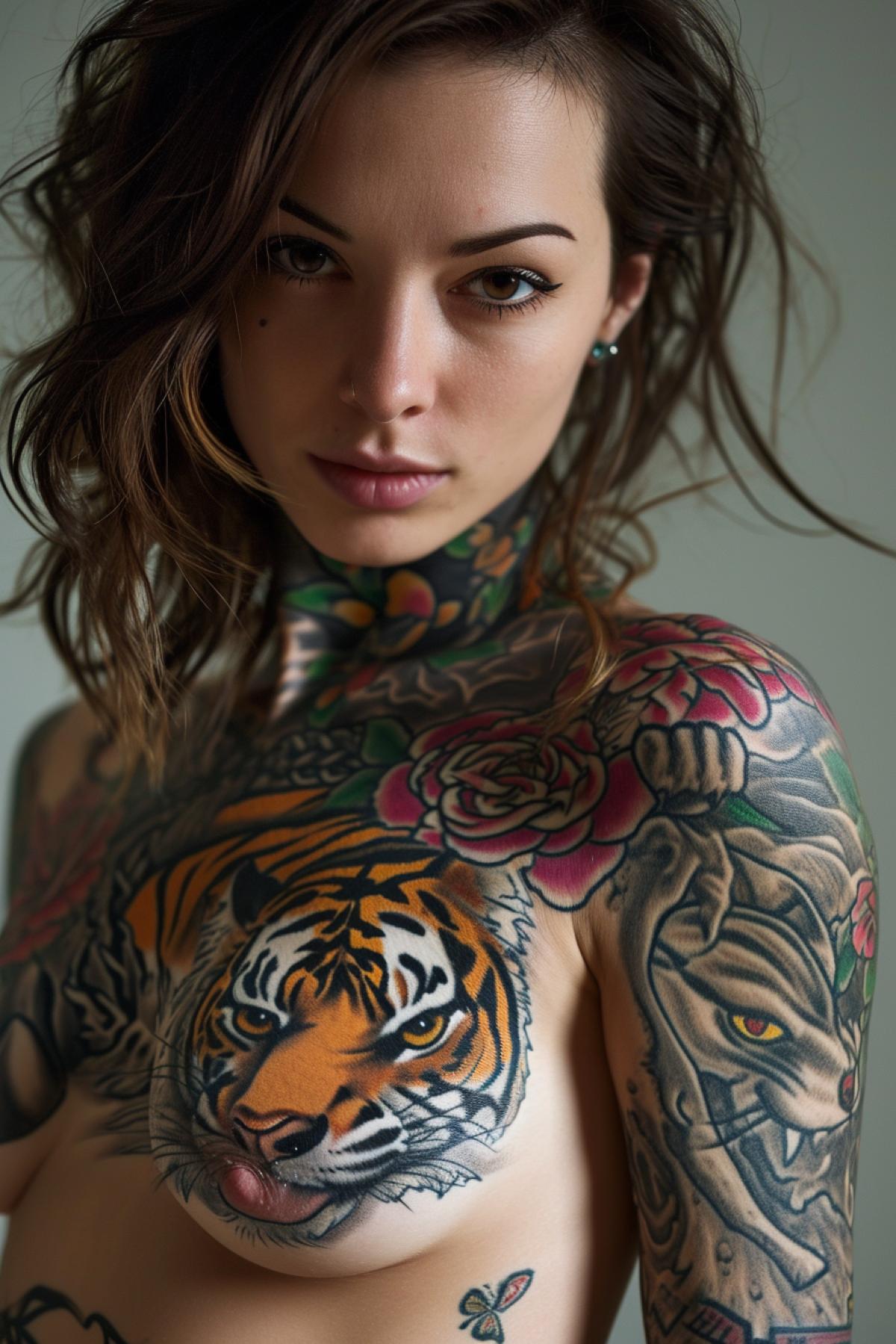 Young beautiful woman with tattoo on luxury and belly attacking Tiger s as tigers eyes scenic light high quality professional tattoo photo
