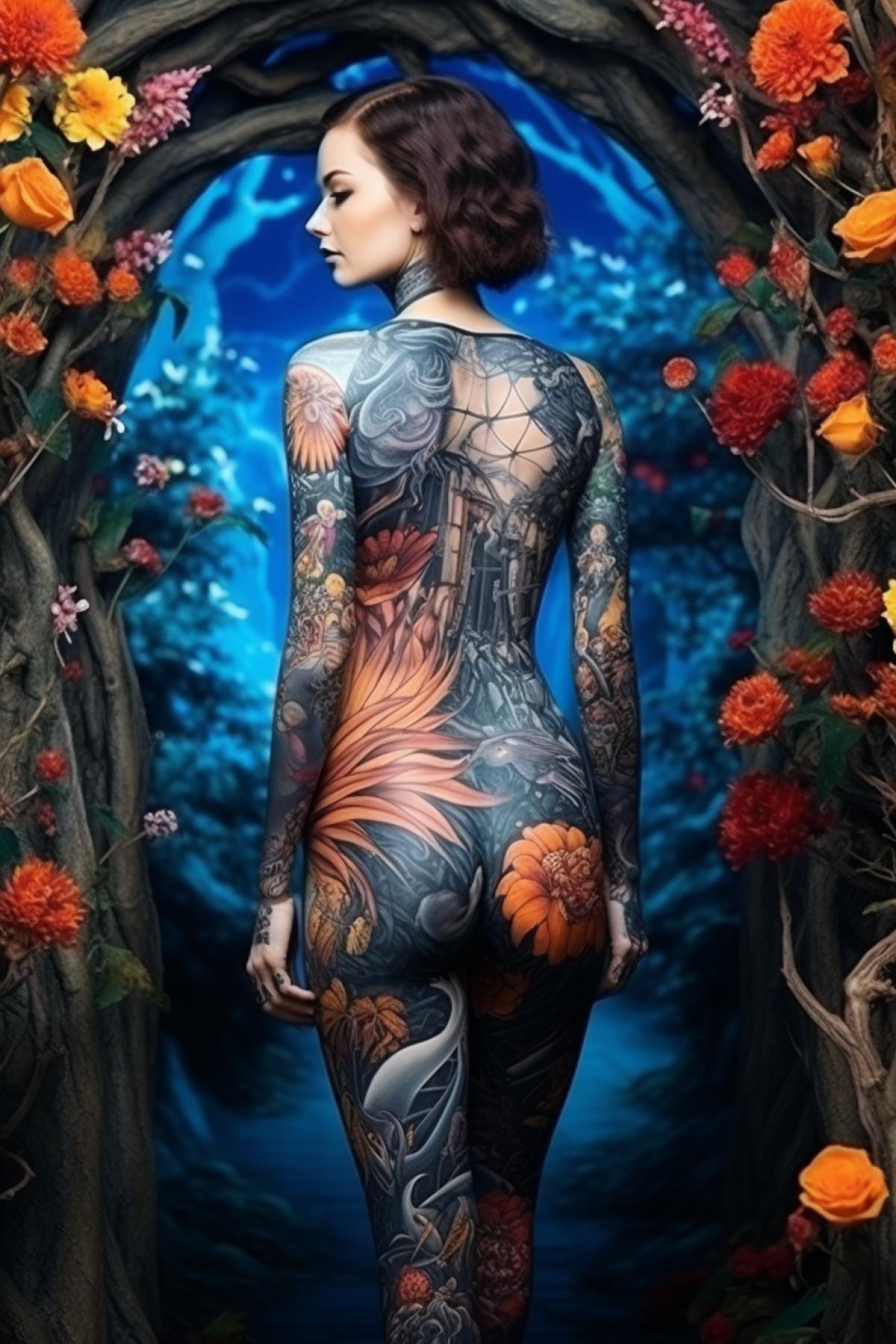 luxury and shoulders tattoo of young beautiful woman full height picturing strange extraterrestrial garden with flowers and wild animals style of body art scenic light professional tattoo photo