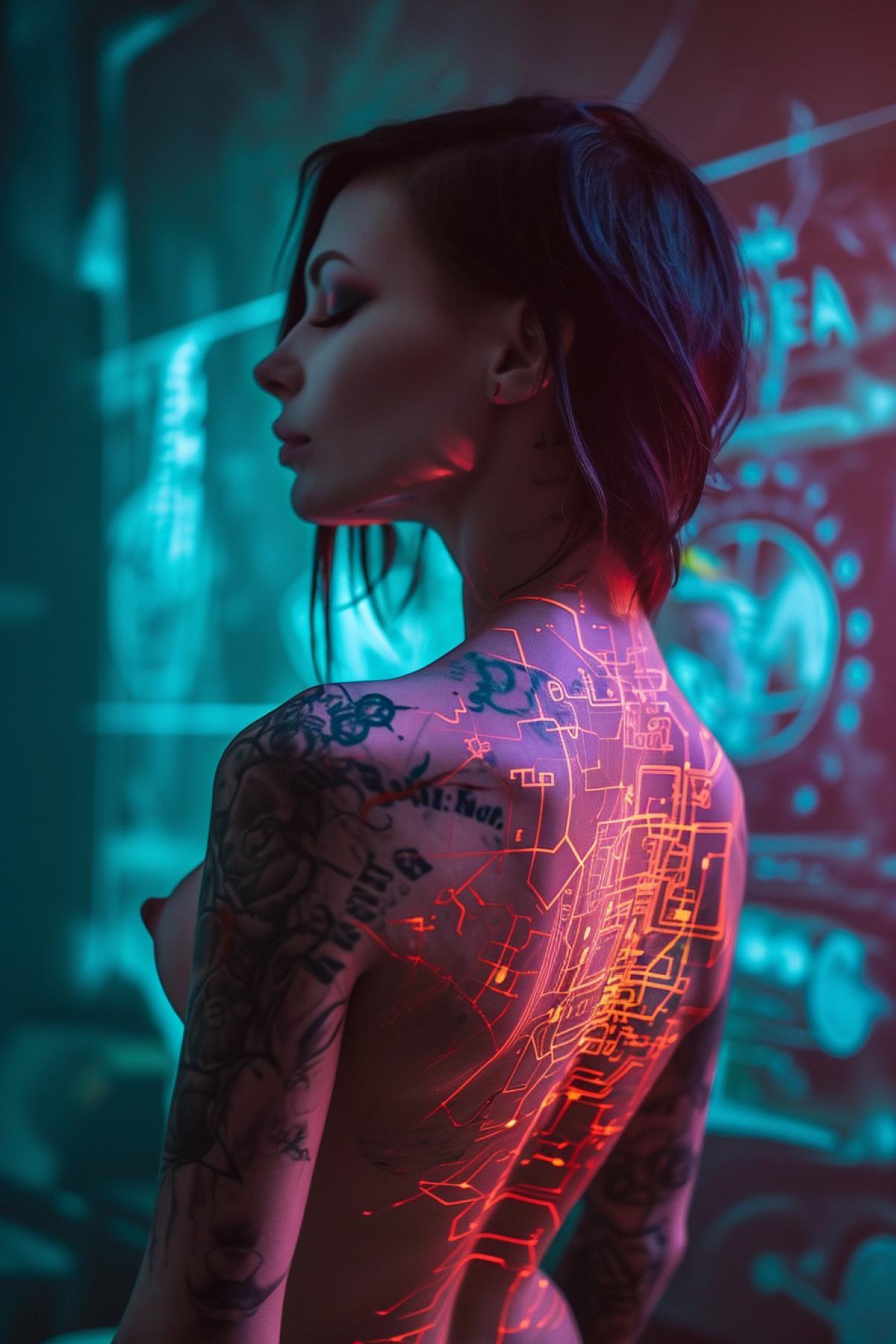 luxury and belly tattoo of young beautiful woman full height picturing electronic schemes multicolored style of body art scenic light professional tattoo photo