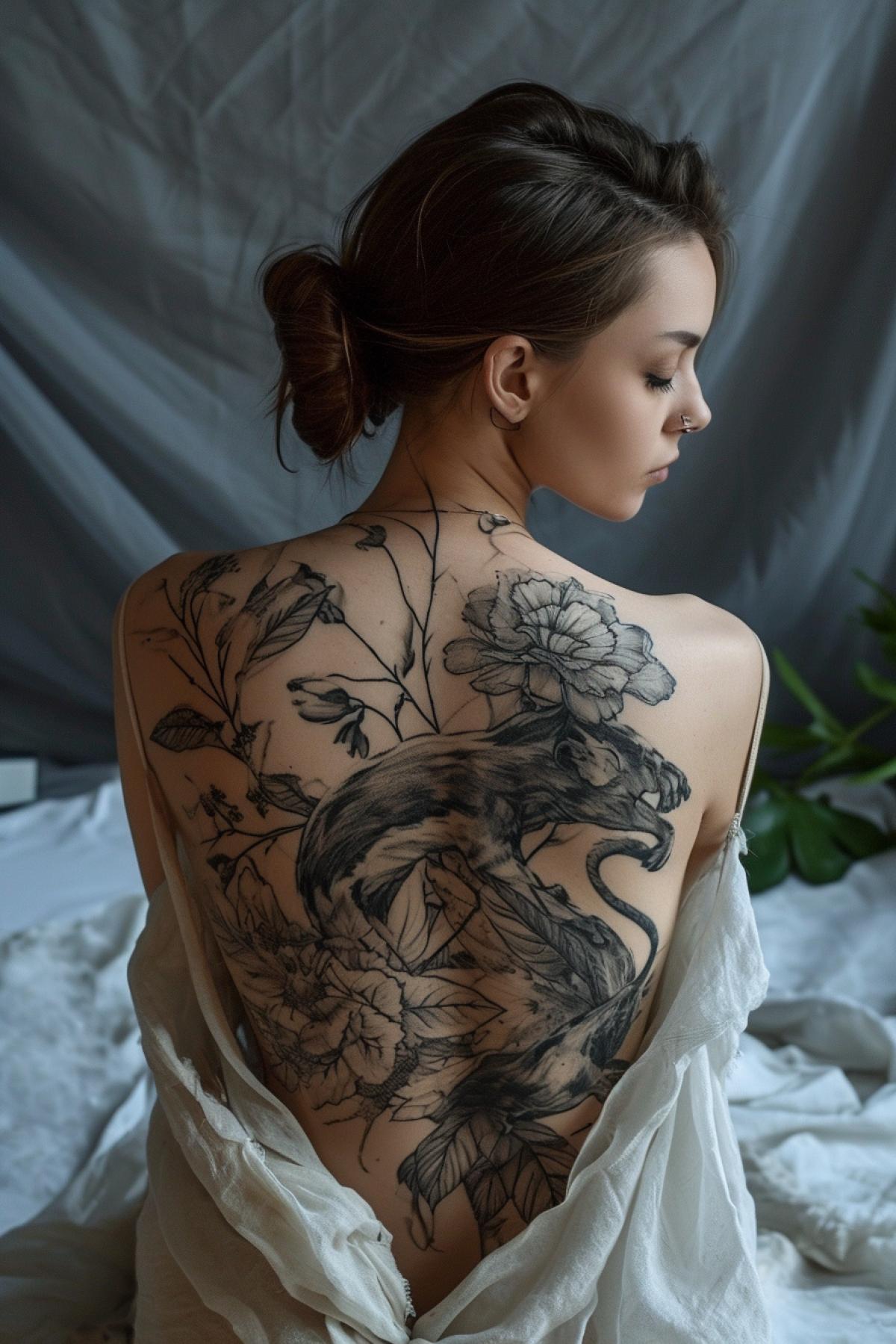 Neurographical tattoo upon full height young beautiful womans back and bottom picturing wildlife grey lines scenic light professional art photo