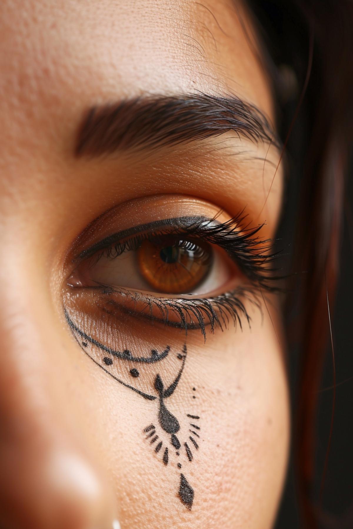 Close-up photo of beautiful young womans eye with tattoo of stylised tear drop professional light professional photo