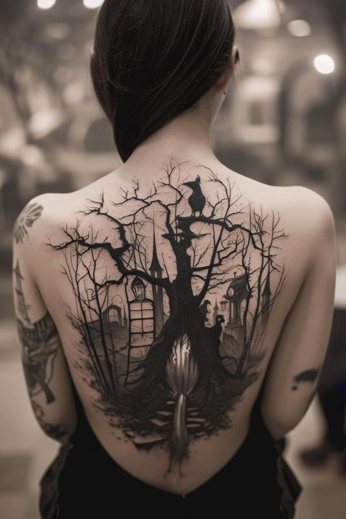 tattoo in the style of director Tim Burton on the back
