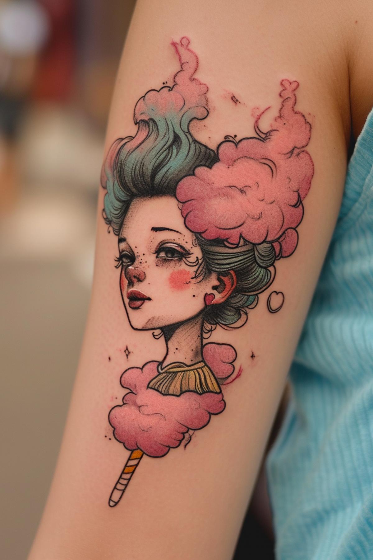 cotton candy tattoo with a cheerful face happiness joy optimism tattoo on the detailed